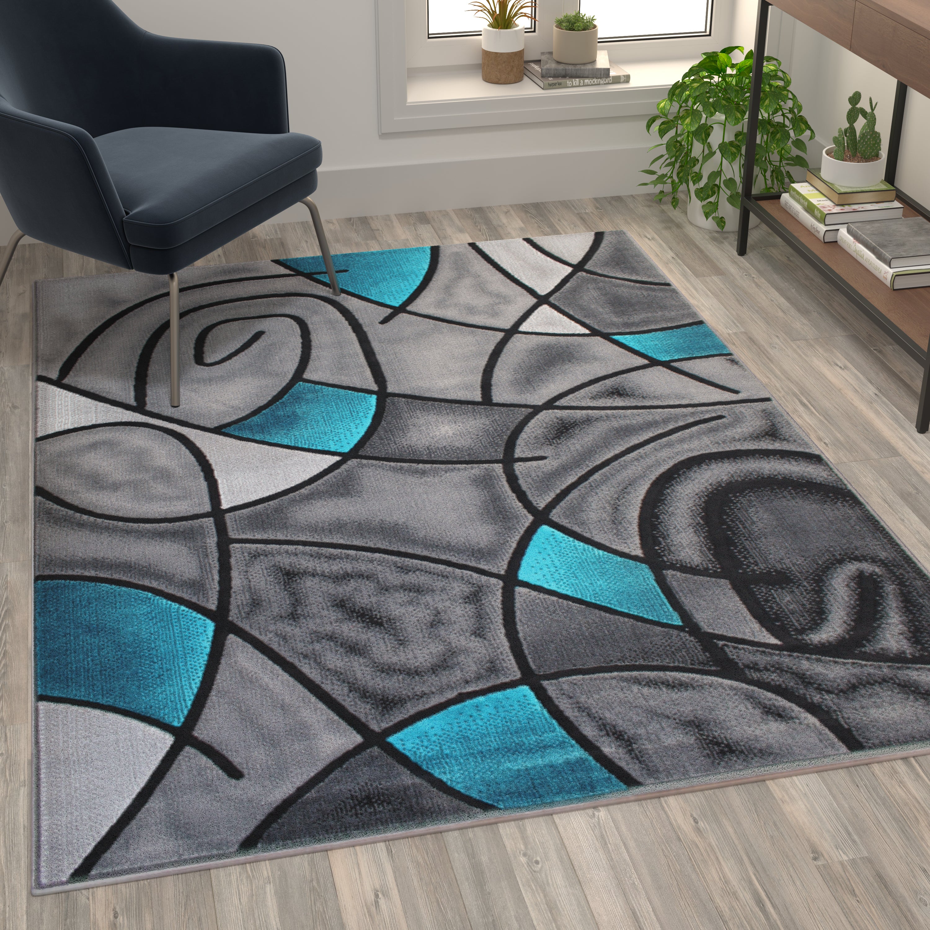 Jubilee Collection 5' x 7' Turquoise Abstract Area Rug - Olefin Rug with Jute Backing - Living Room, Bedroom, & Family Room