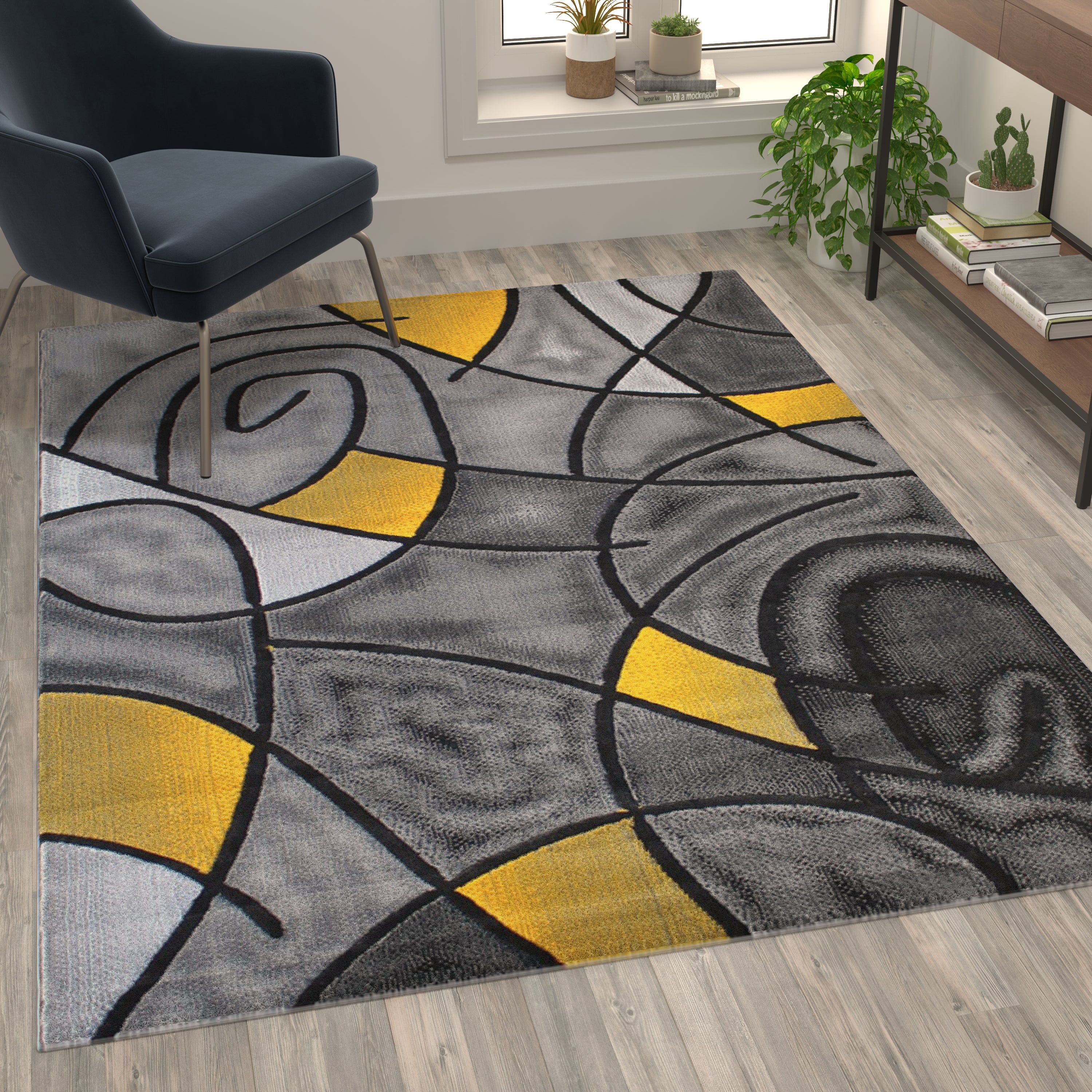 Jubilee Collection 5' x 7' Yellow Abstract Area Rug - Olefin Rug with Jute Backing - Living Room, Bedroom, & Family Room