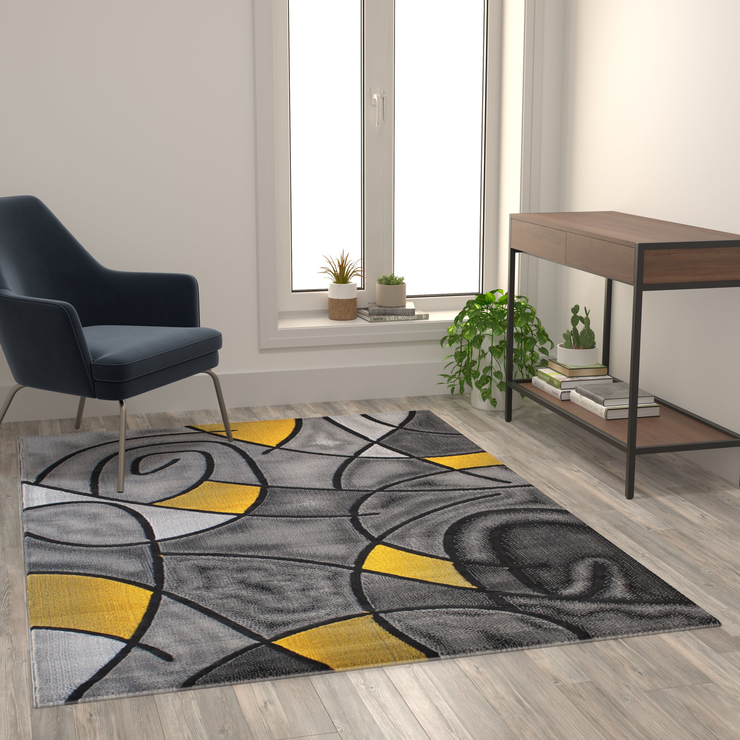 Jubilee Collection 5' x 7' Yellow Abstract Area Rug - Olefin Rug with Jute Backing - Living Room, Bedroom, & Family Room