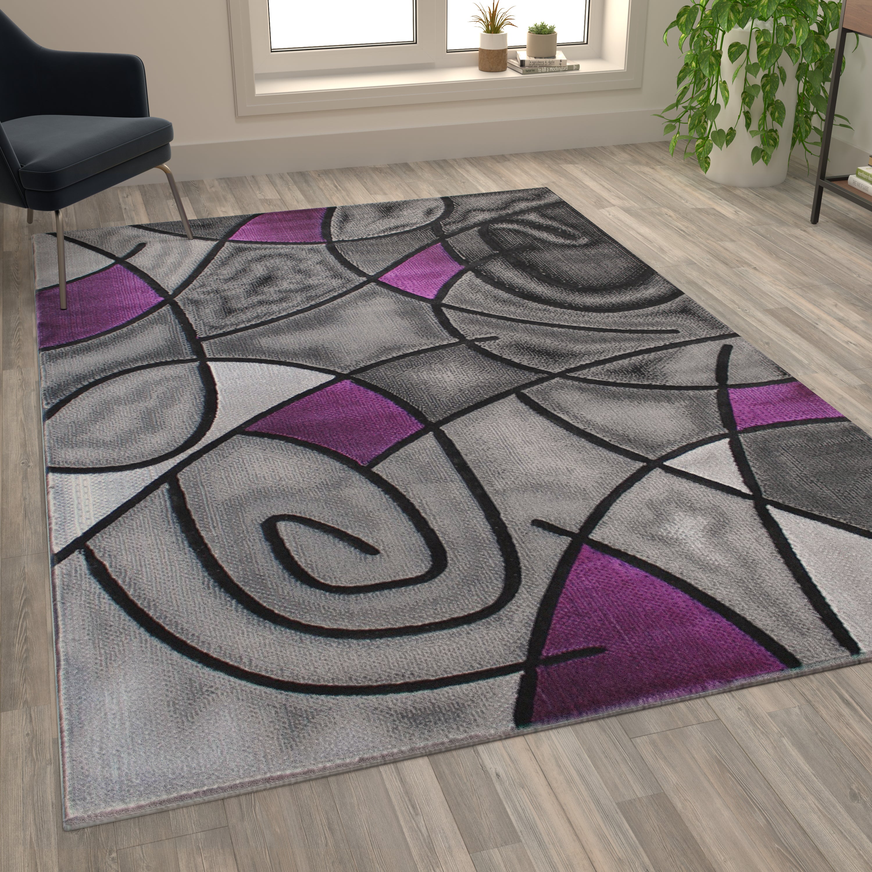 Jubilee Collection 6' x 9' Purple Abstract Area Rug - Olefin Rug with Jute Backing - Living Room, Bedroom, & Family Room