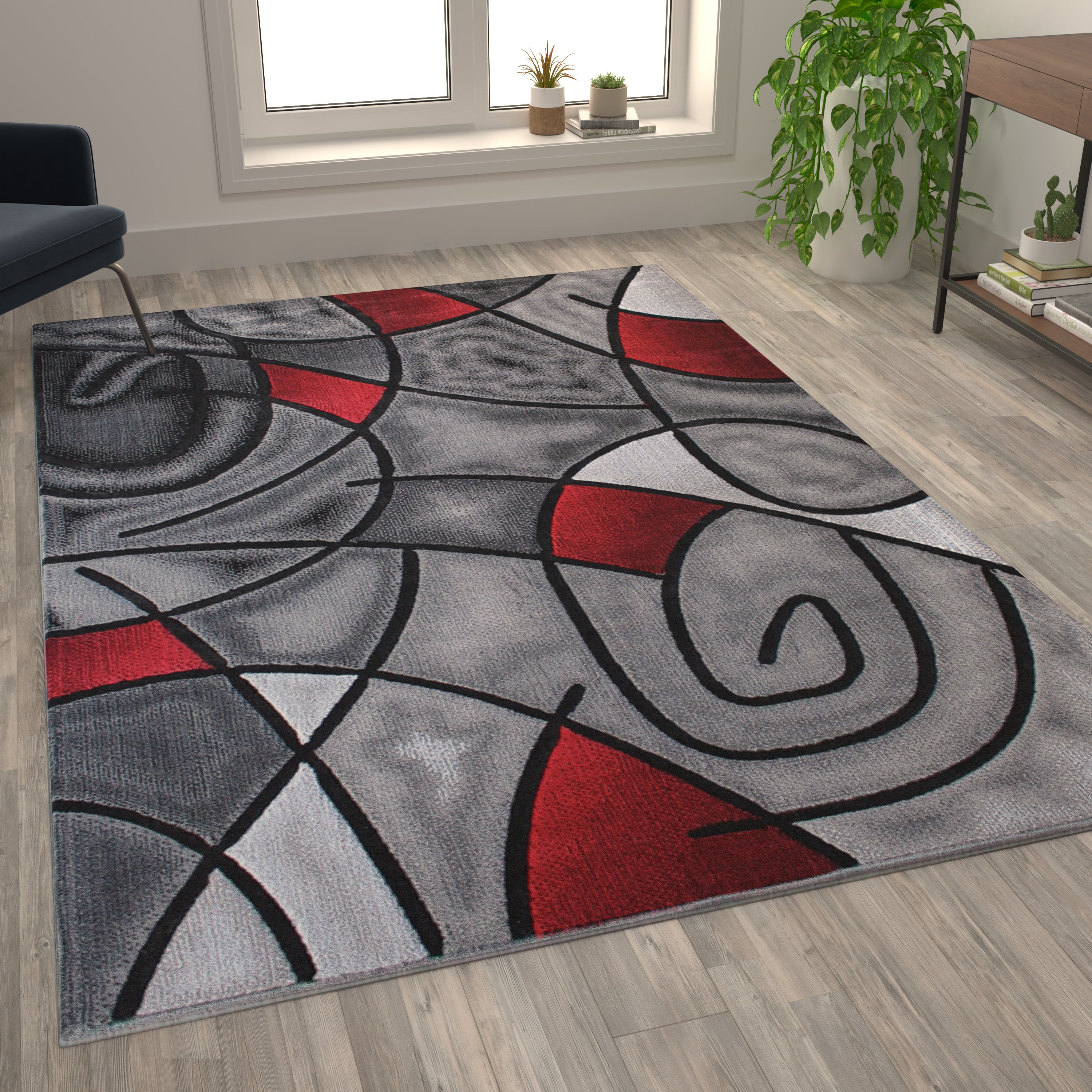 Jubilee Collection 6' x 9' Red Abstract Area Rug - Olefin Rug with Jute Backing - Living Room, Bedroom, & Family Room