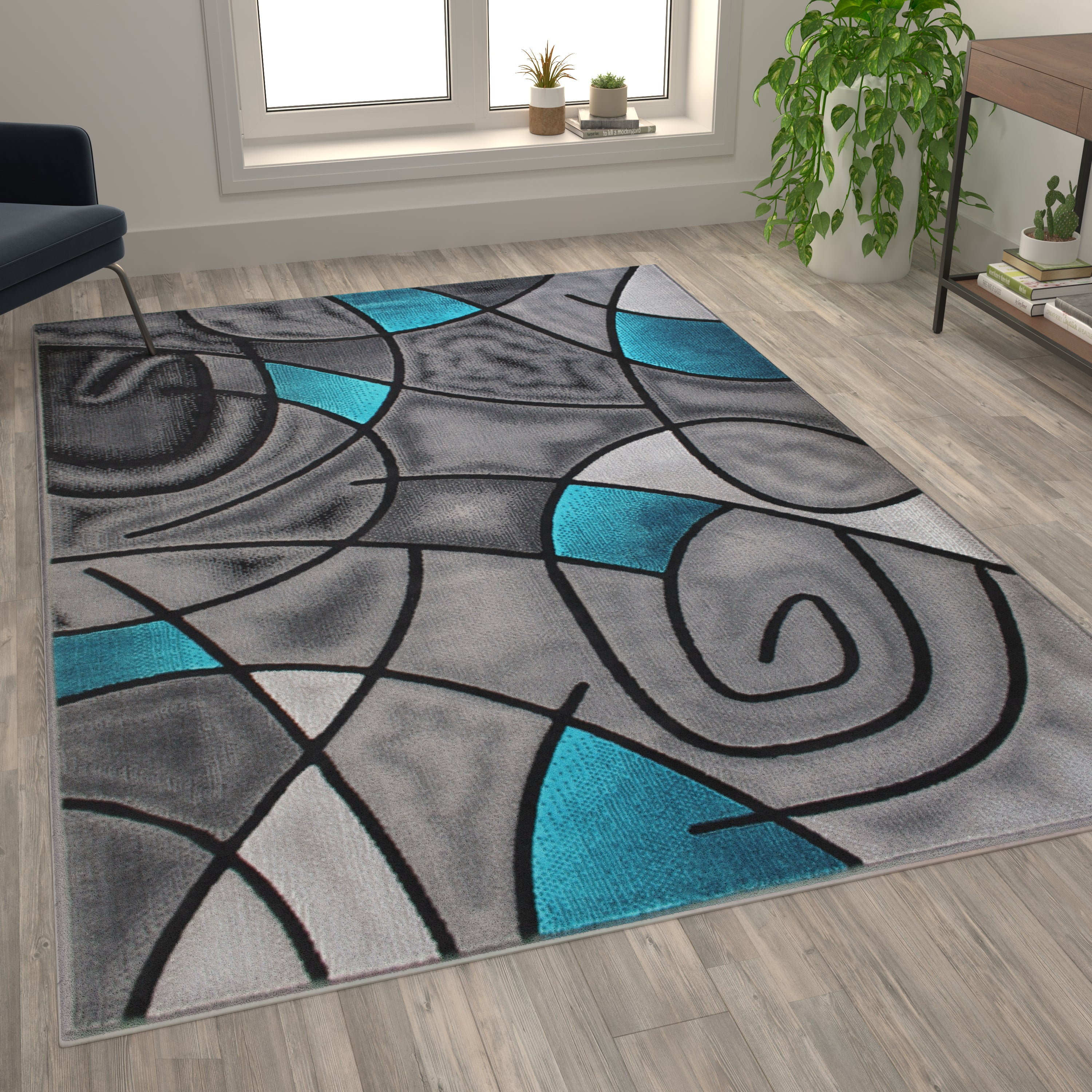 Jubilee Collection 6' x 9' Turquoise Abstract Area Rug - Olefin Rug with Jute Backing - Living Room, Bedroom, & Family Room