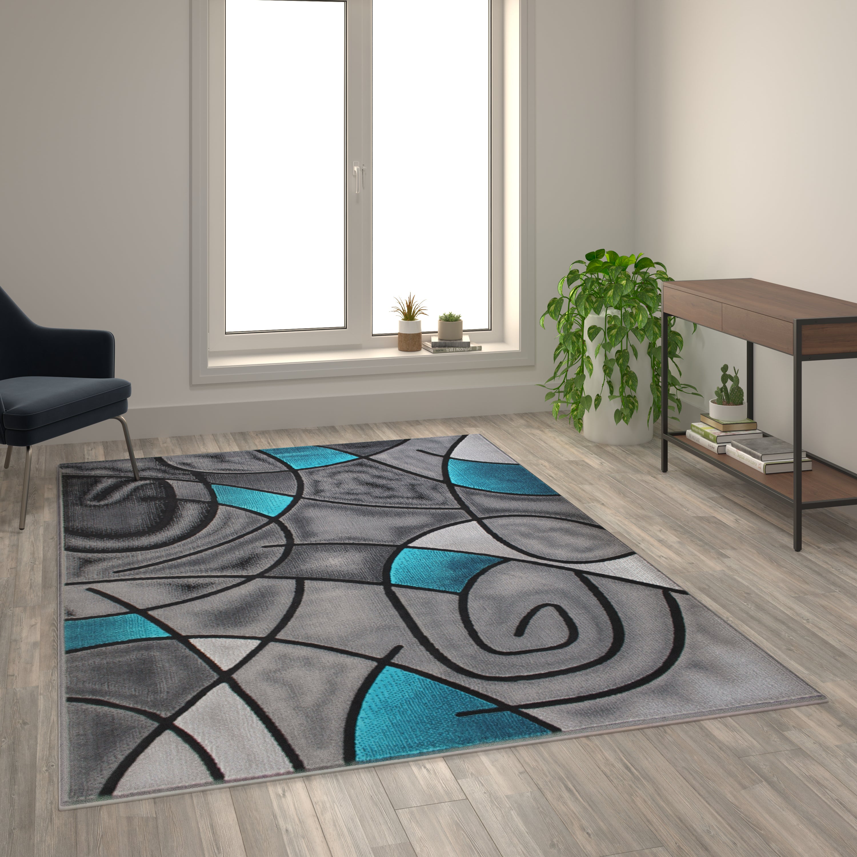 Jubilee Collection 6' x 9' Turquoise Abstract Area Rug - Olefin Rug with Jute Backing - Living Room, Bedroom, & Family Room