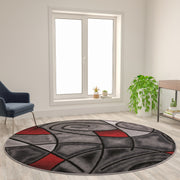Jubilee Collection 7' x 7' Round Red Abstract Area Rug - Olefin Rug with Jute Backing - Living Room, Bedroom, Family Room