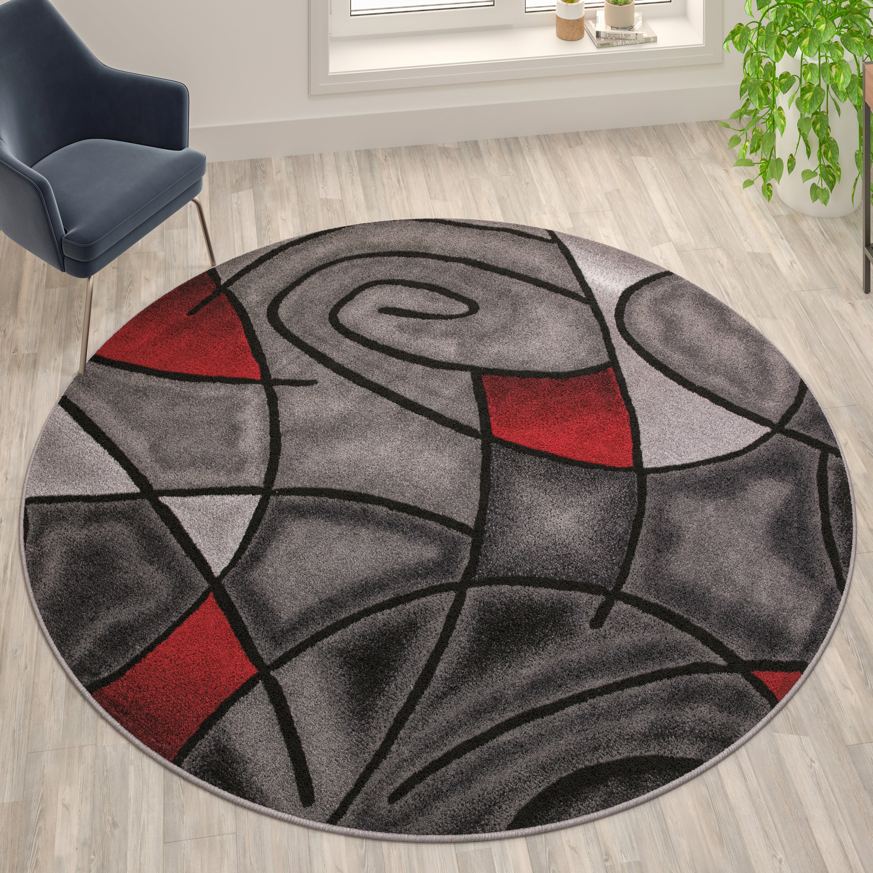 Jubilee Collection 7' x 7' Round Red Abstract Area Rug - Olefin Rug with Jute Backing - Living Room, Bedroom, Family Room