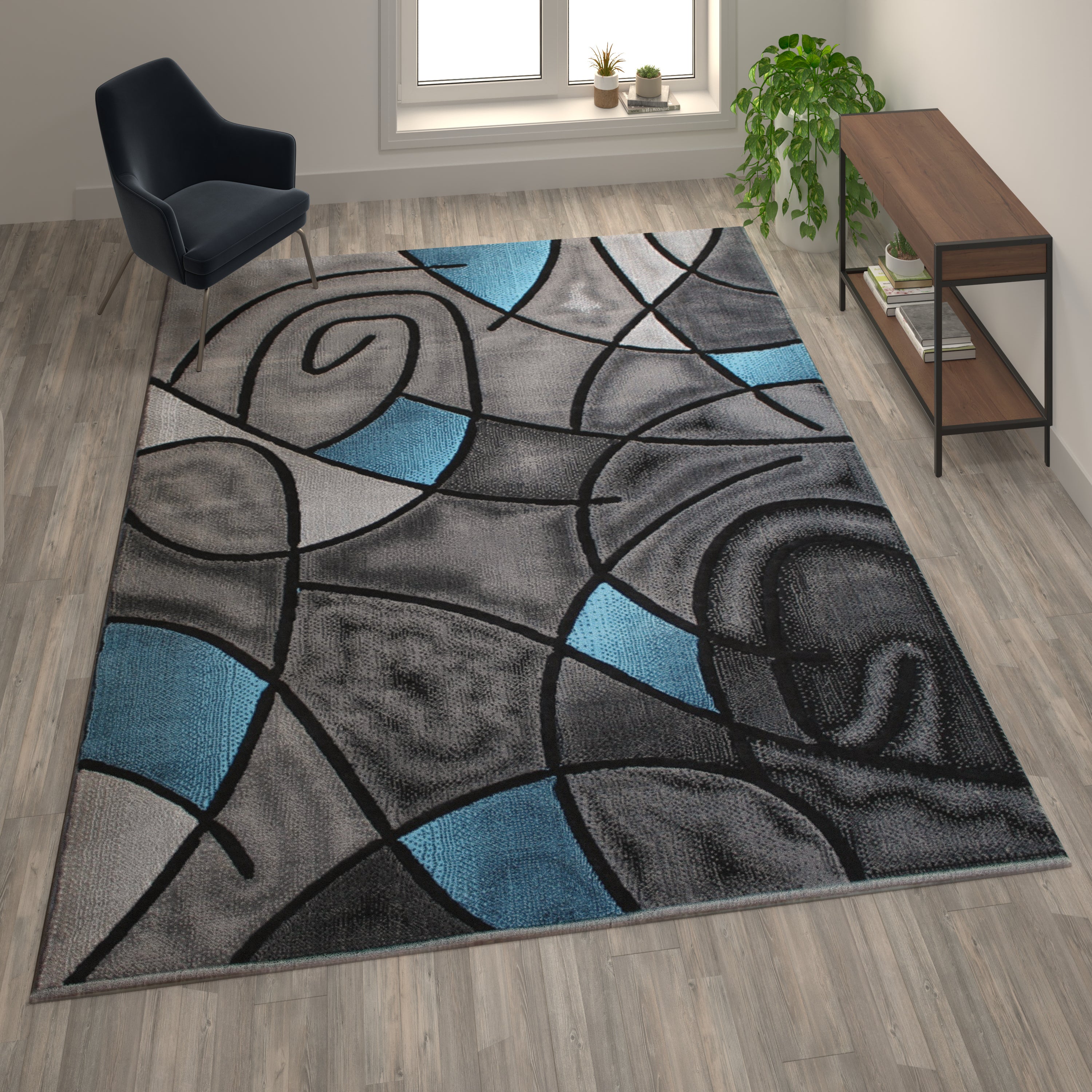 Jubilee Collection 8' x 10' Blue Abstract Area Rug - Olefin Rug with Jute Backing - Living Room, Bedroom, & Family Room