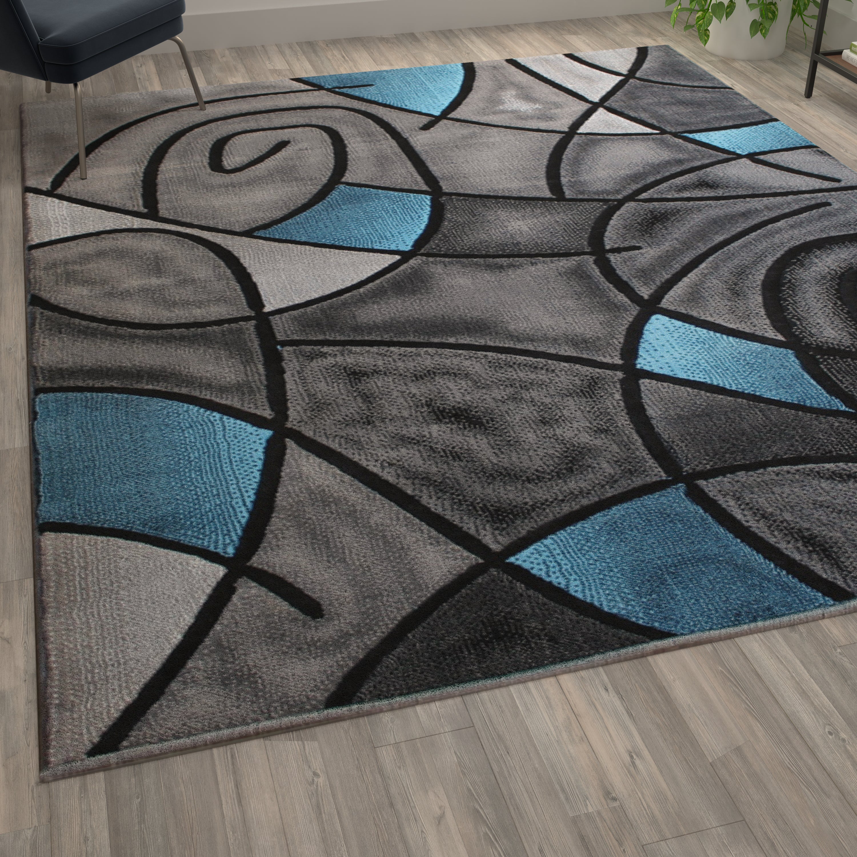 Jubilee Collection 8' x 10' Blue Abstract Area Rug - Olefin Rug with Jute Backing - Living Room, Bedroom, & Family Room