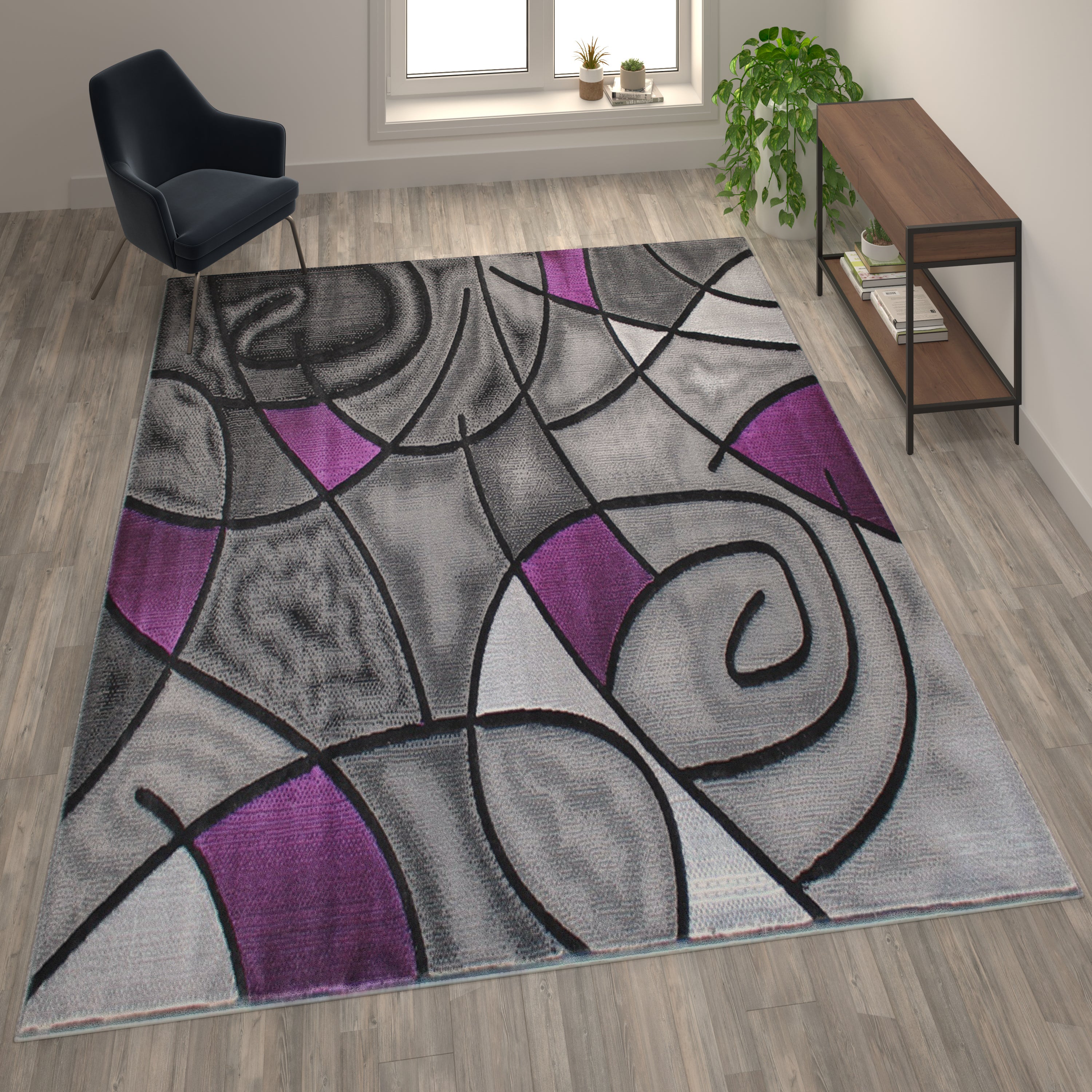 Jubilee Collection 8' x 10' Purple Abstract Area Rug - Olefin Rug with Jute Backing - Living Room, Bedroom, & Family Room