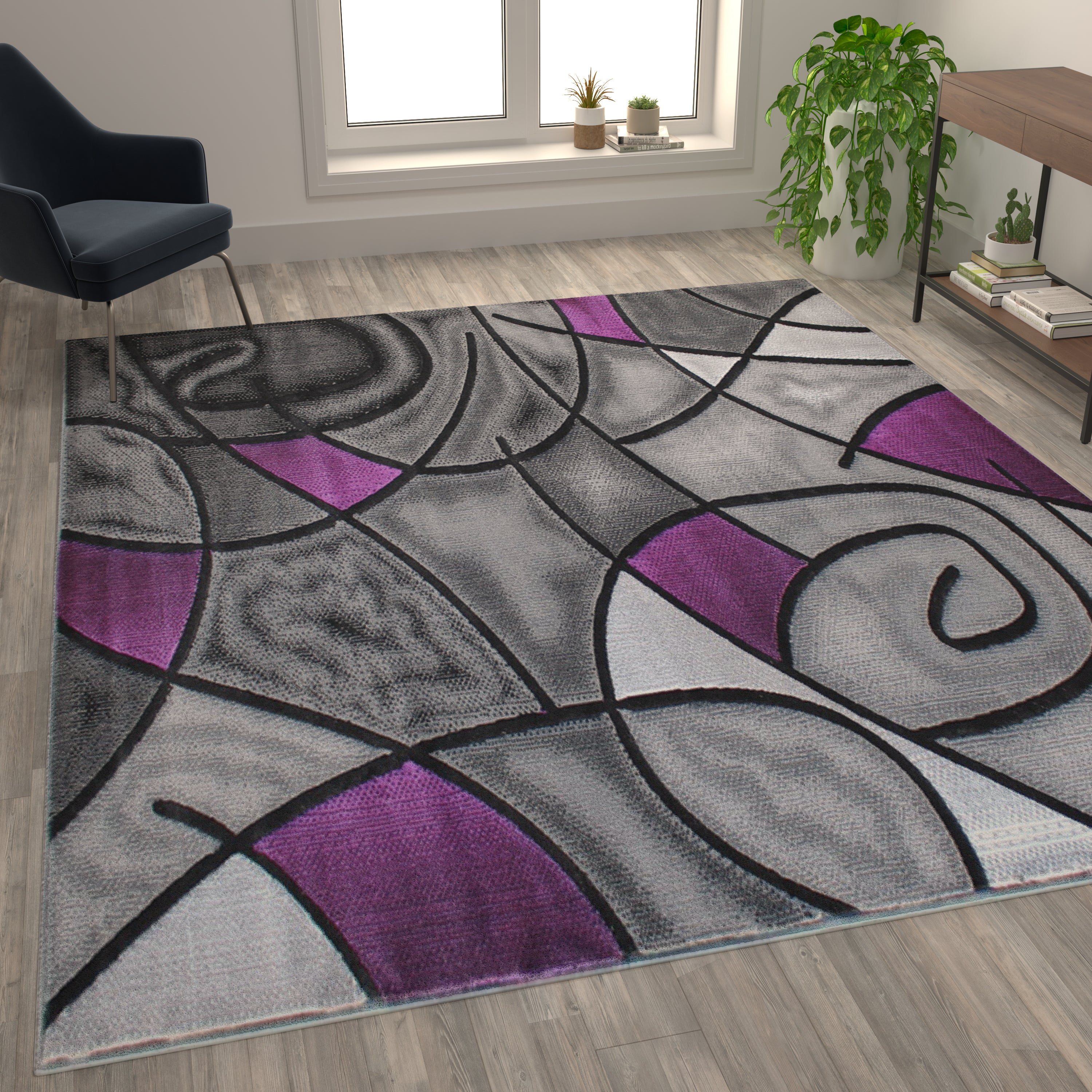 Jubilee Collection 8' x 10' Purple Abstract Area Rug - Olefin Rug with Jute Backing - Living Room, Bedroom, & Family Room
