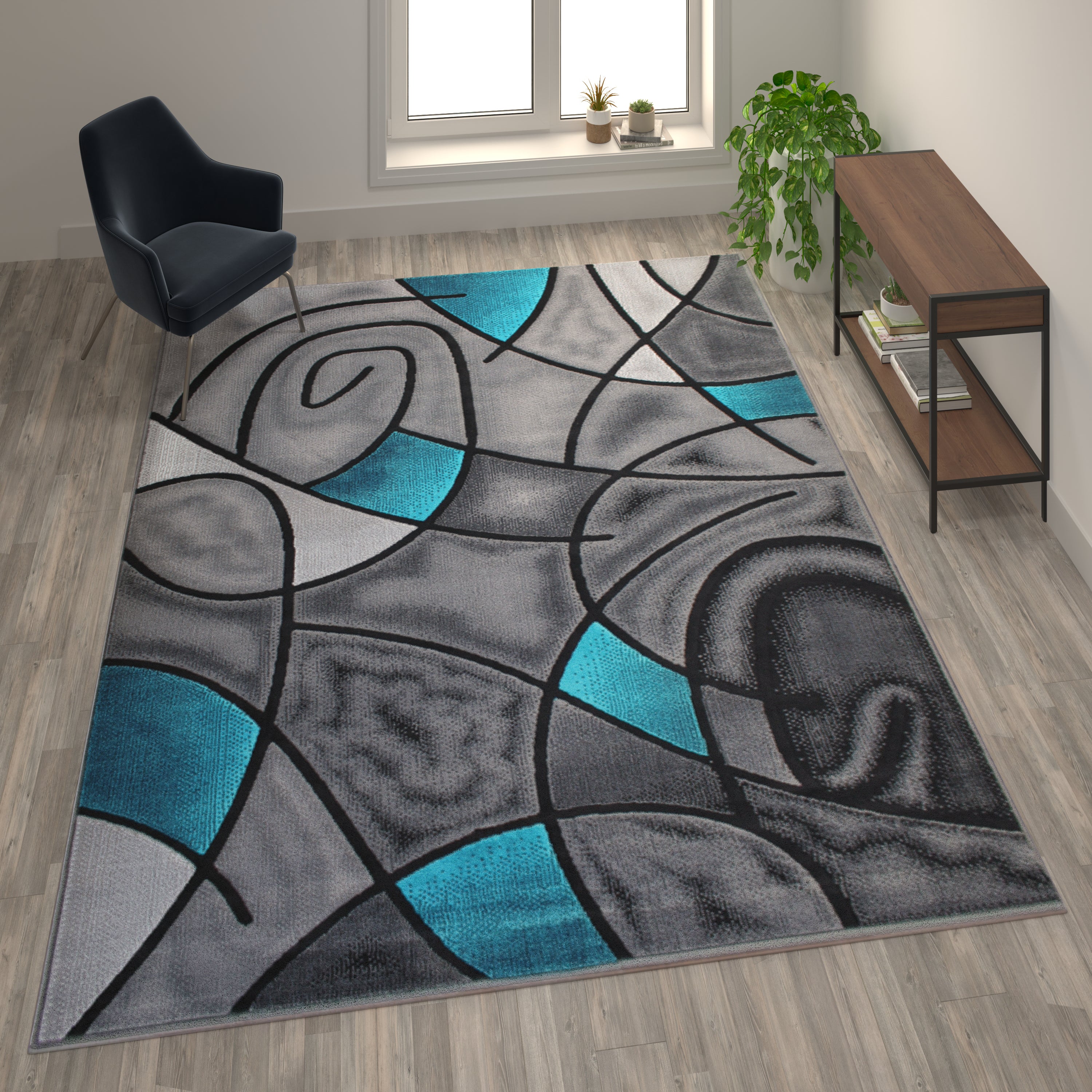 Jubilee Collection 8' x 10' Turquoise Abstract Area Rug - Olefin Rug with Jute Backing - Living Room, Bedroom, & Family Room