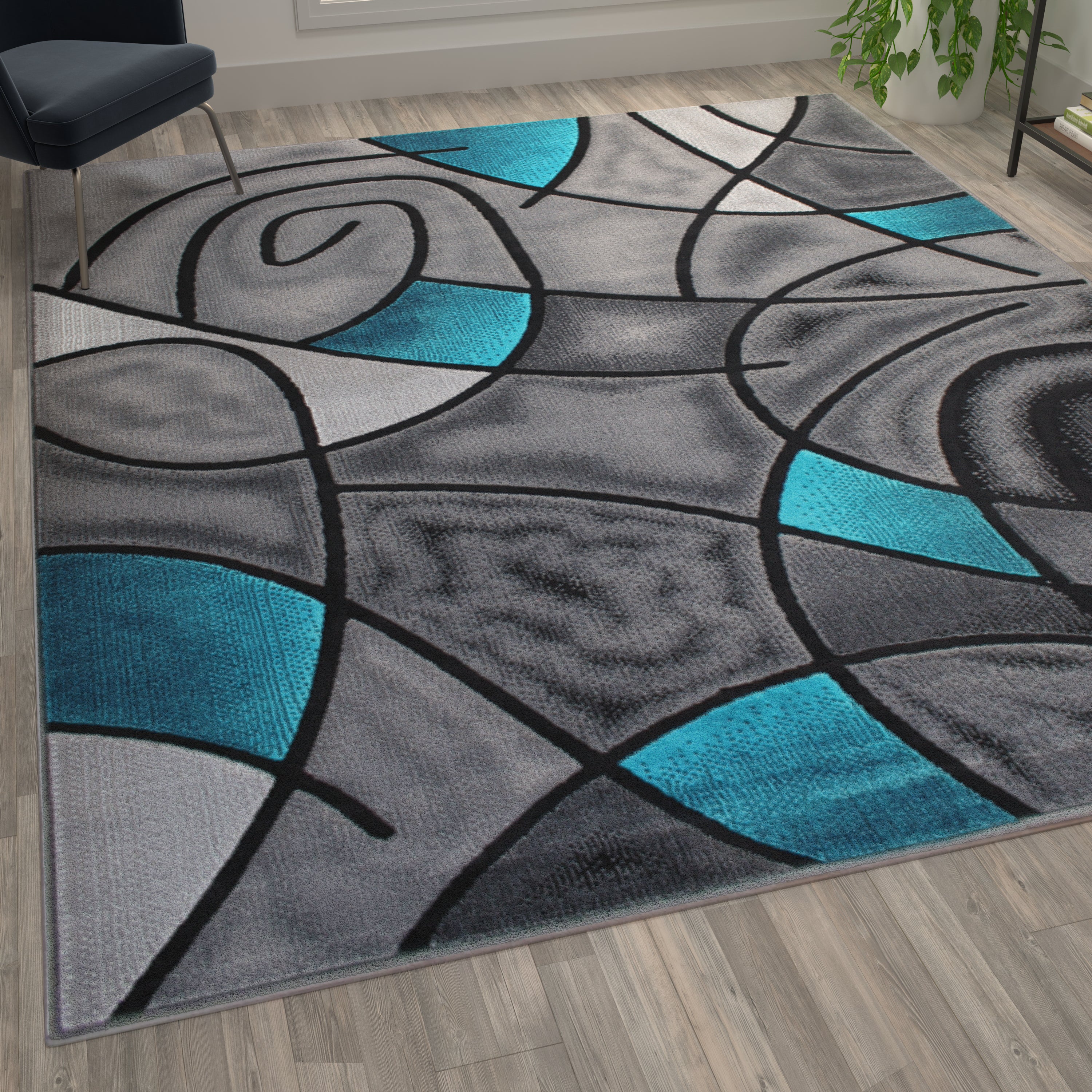 Jubilee Collection 8' x 10' Turquoise Abstract Area Rug - Olefin Rug with Jute Backing - Living Room, Bedroom, & Family Room
