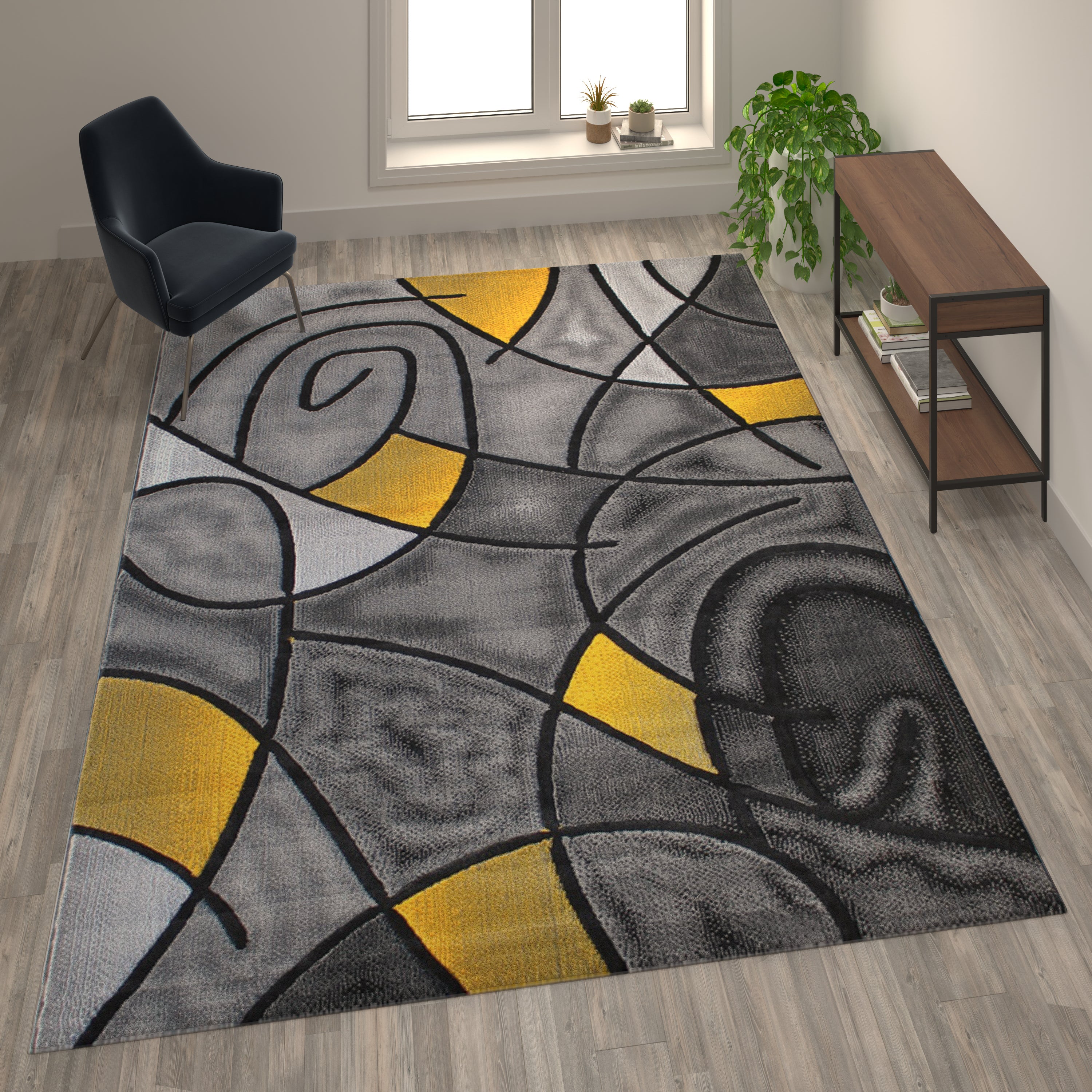 Jubilee Collection 8' x 10' Yellow Abstract Area Rug - Olefin Rug with Jute Backing - Living Room, Bedroom, & Family Room