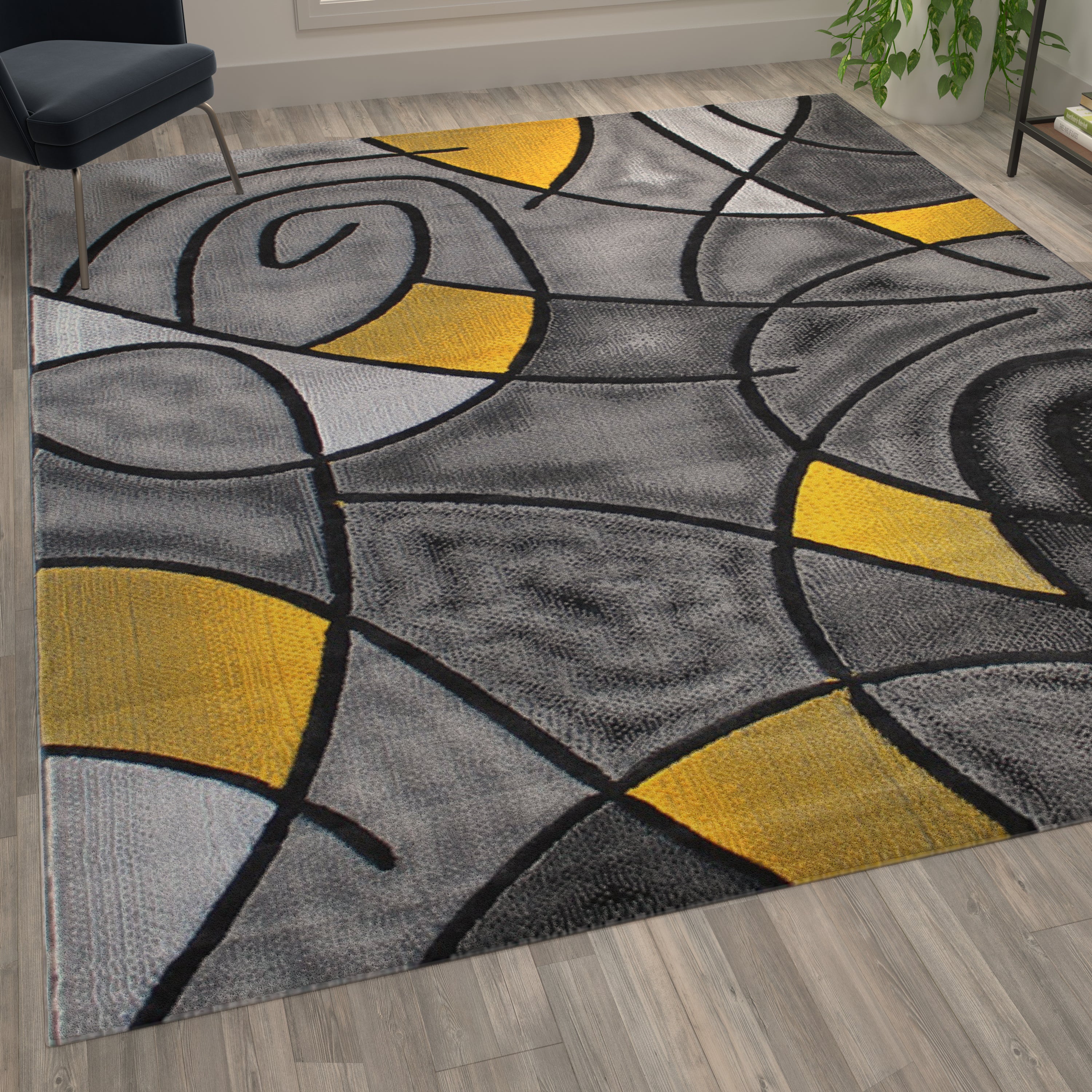 Jubilee Collection 8' x 10' Yellow Abstract Area Rug - Olefin Rug with Jute Backing - Living Room, Bedroom, & Family Room