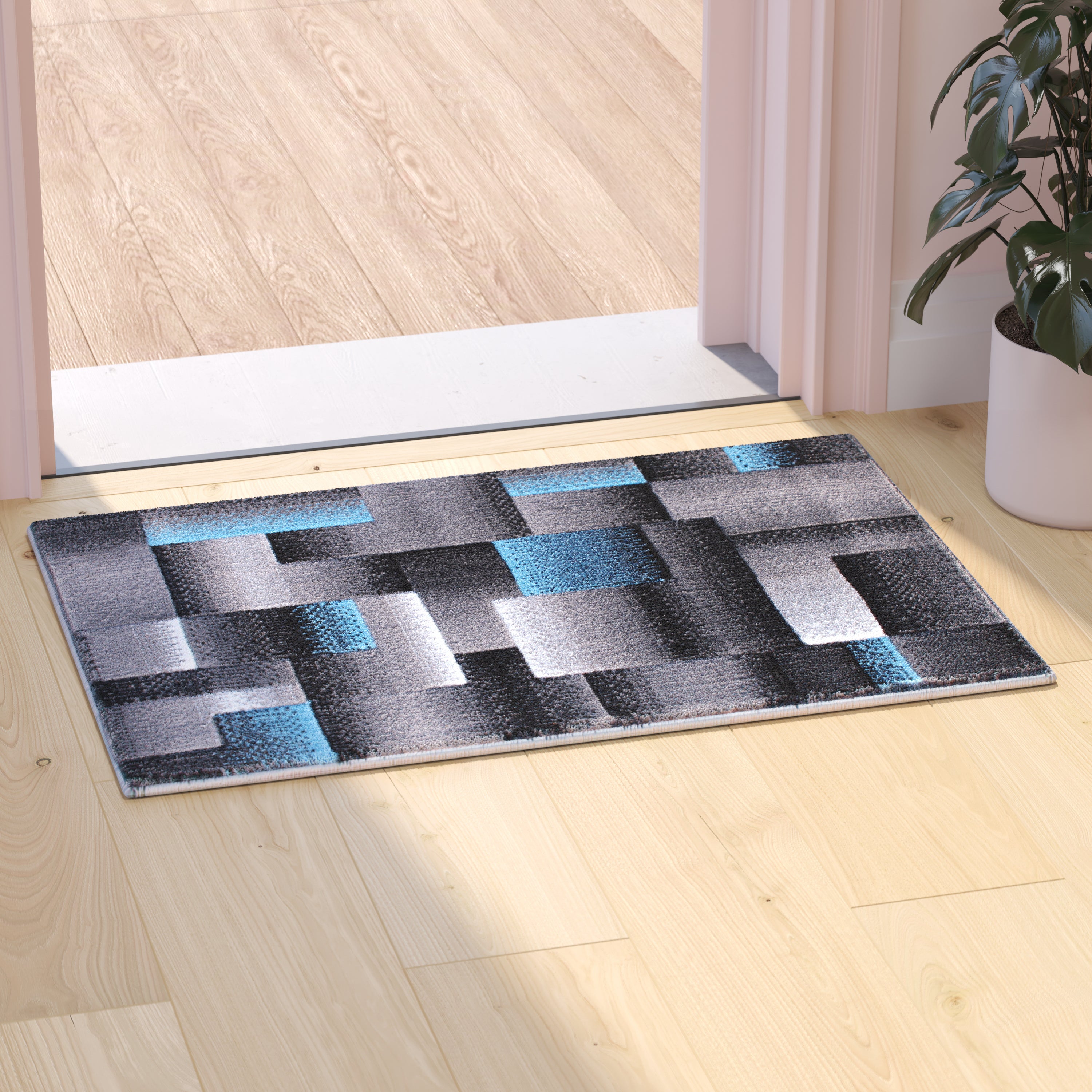 Elio Collection 2' x 3' Blue Color Blocked Area Rug - Olefin Rug with Jute Backing - Entryway, Living Room, or Bedroom
