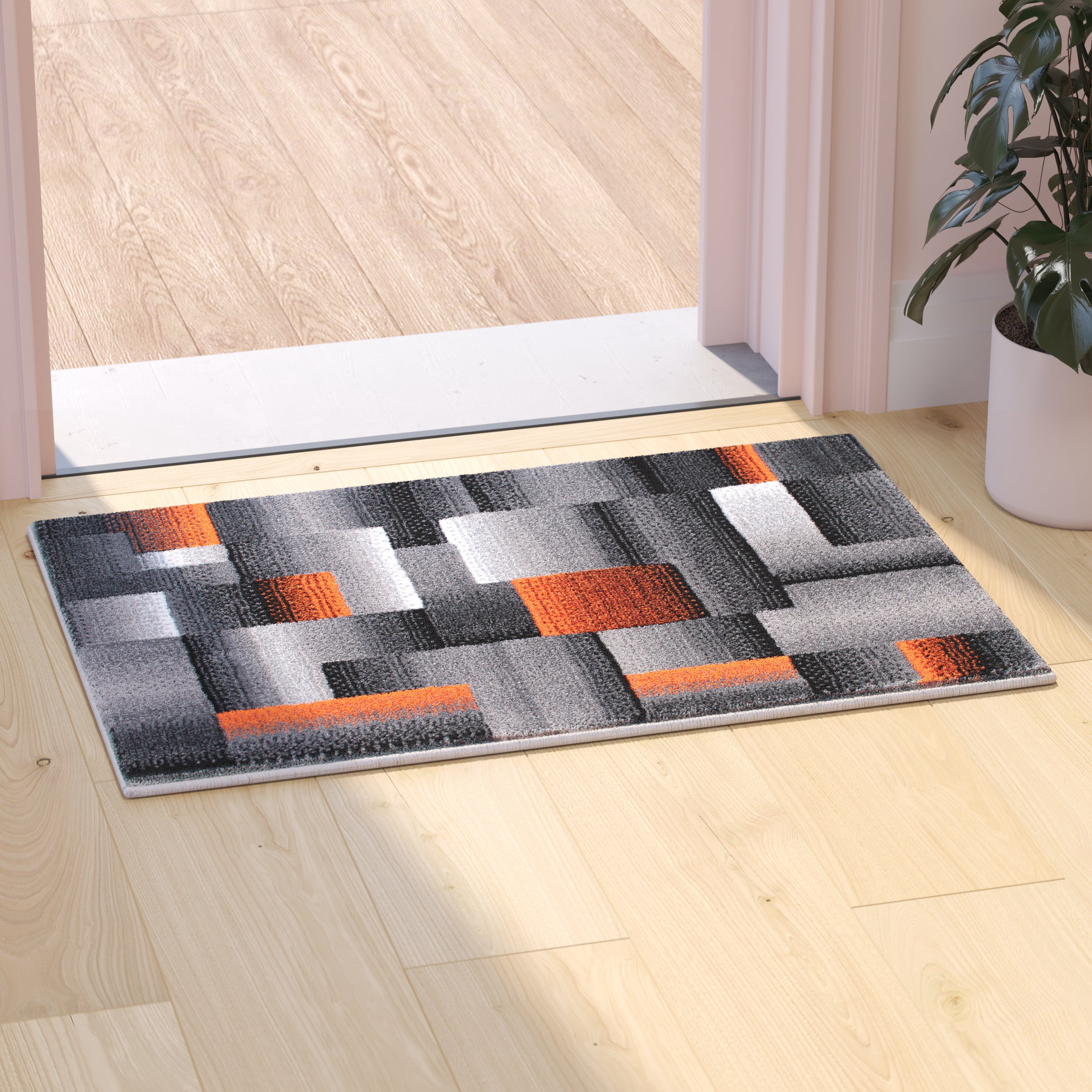 Elio Collection 2' x 3' Orange Color Blocked Area Rug - Olefin Rug with Jute Backing - Entryway, Living Room, or Bedroom
