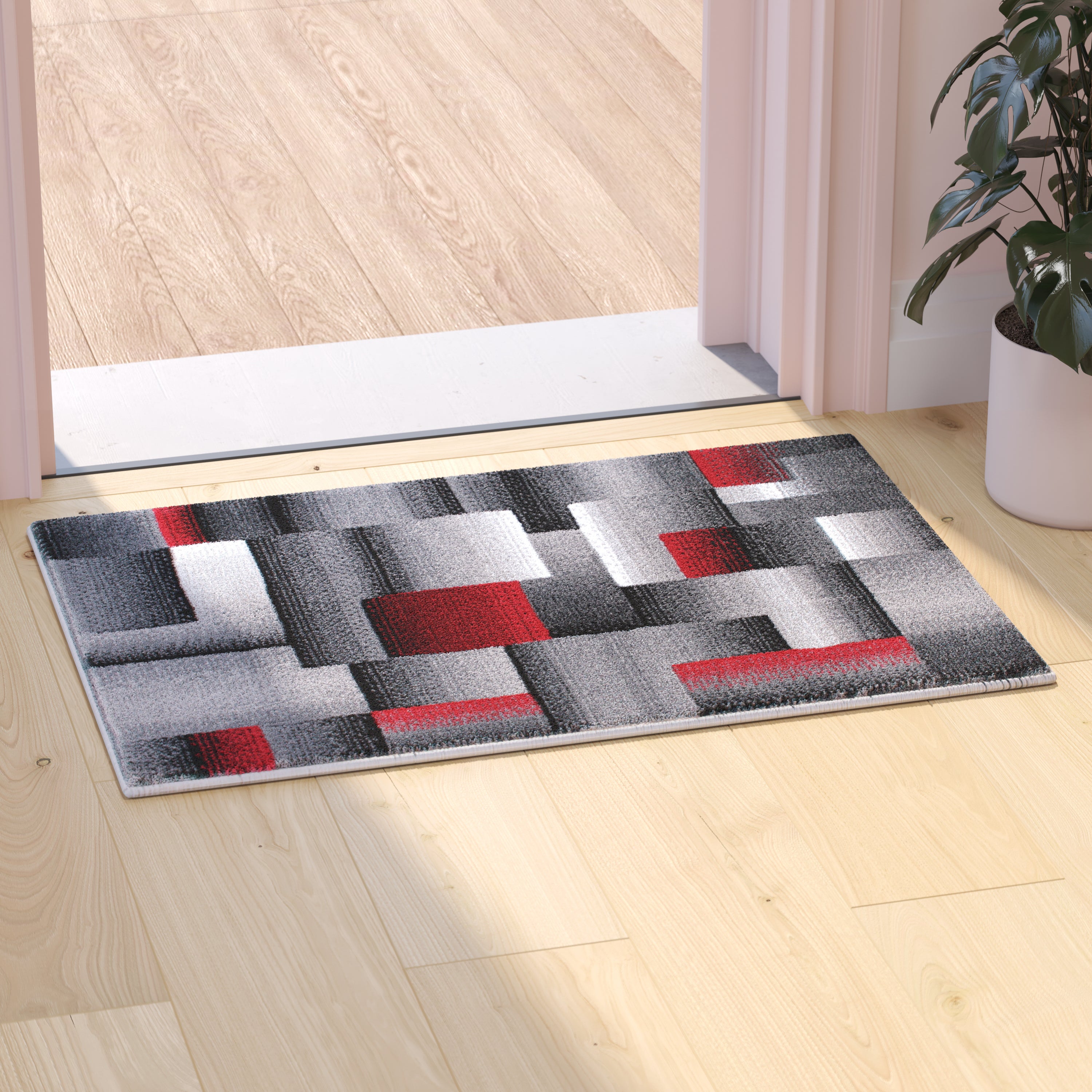 Elio Collection 2' x 3' Red Color Blocked Area Rug - Olefin Rug with Jute Backing - Entryway, Living Room, or Bedroom
