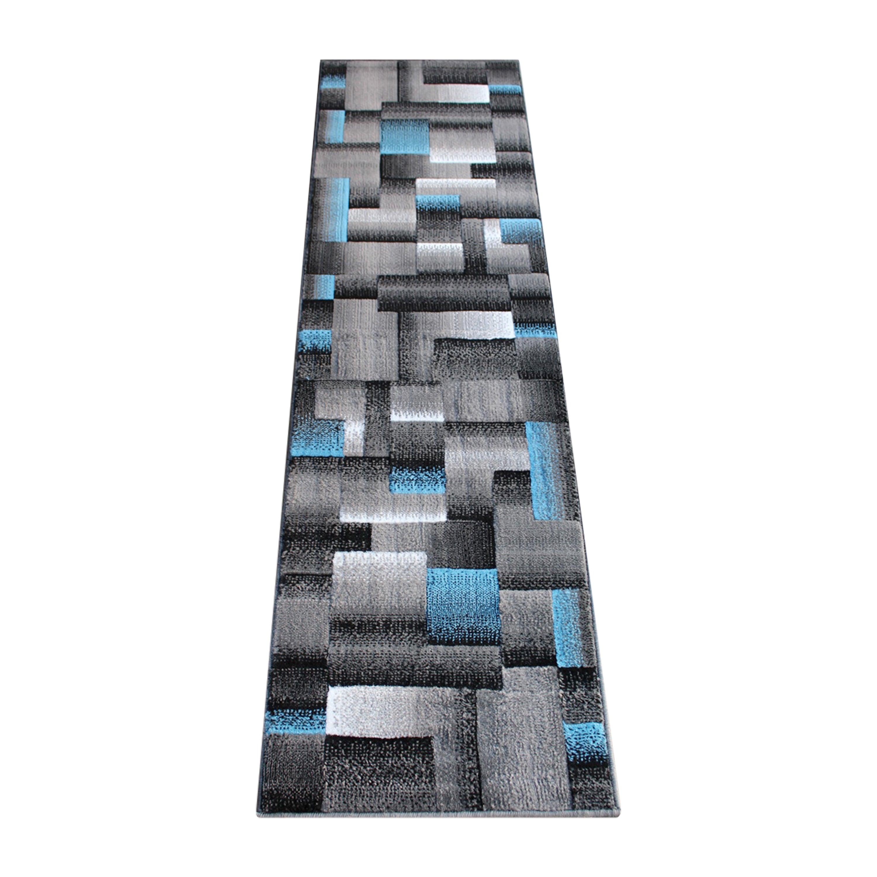 Elio Collection 2' x 7' Blue Color Blocked Area Rug - Olefin Rug with Jute Backing - Entryway, Living Room, or Bedroom