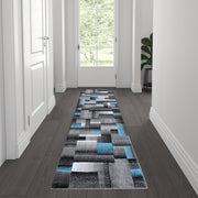 Elio Collection 2' x 7' Blue Color Blocked Area Rug - Olefin Rug with Jute Backing - Entryway, Living Room, or Bedroom