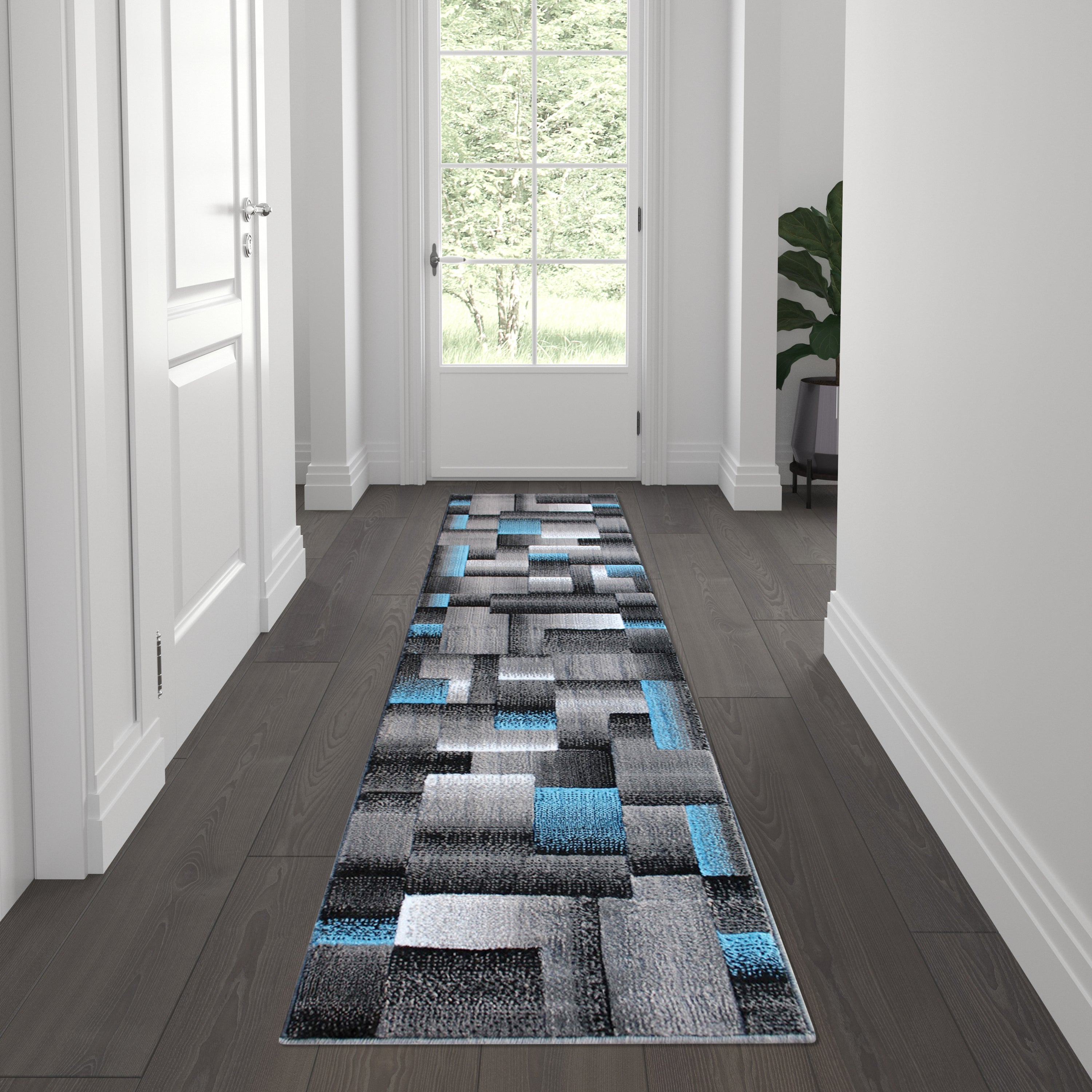 Elio Collection 2' x 7' Blue Color Blocked Area Rug - Olefin Rug with Jute Backing - Entryway, Living Room, or Bedroom
