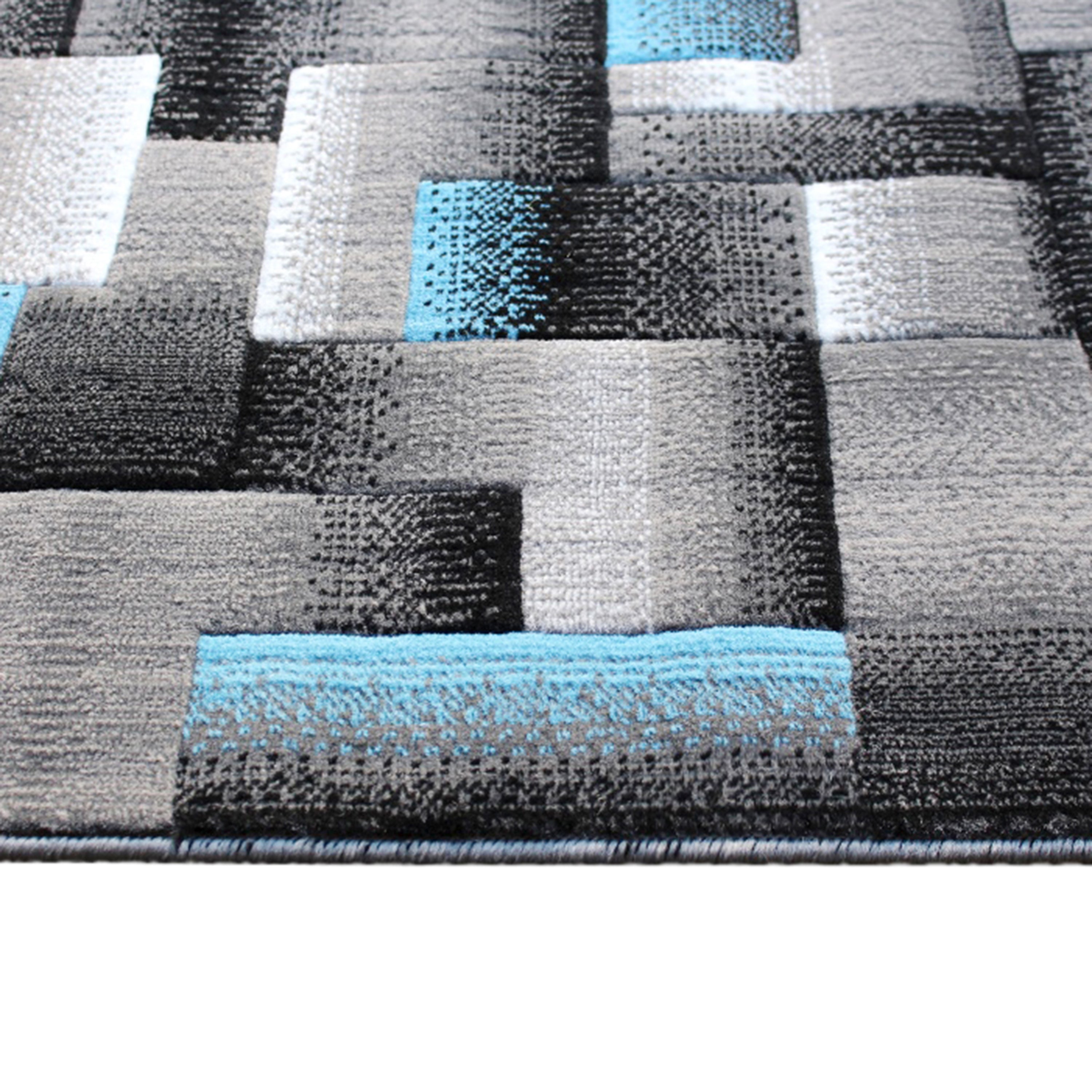 Elio Collection 2' x 7' Blue Color Blocked Area Rug - Olefin Rug with Jute Backing - Entryway, Living Room, or Bedroom