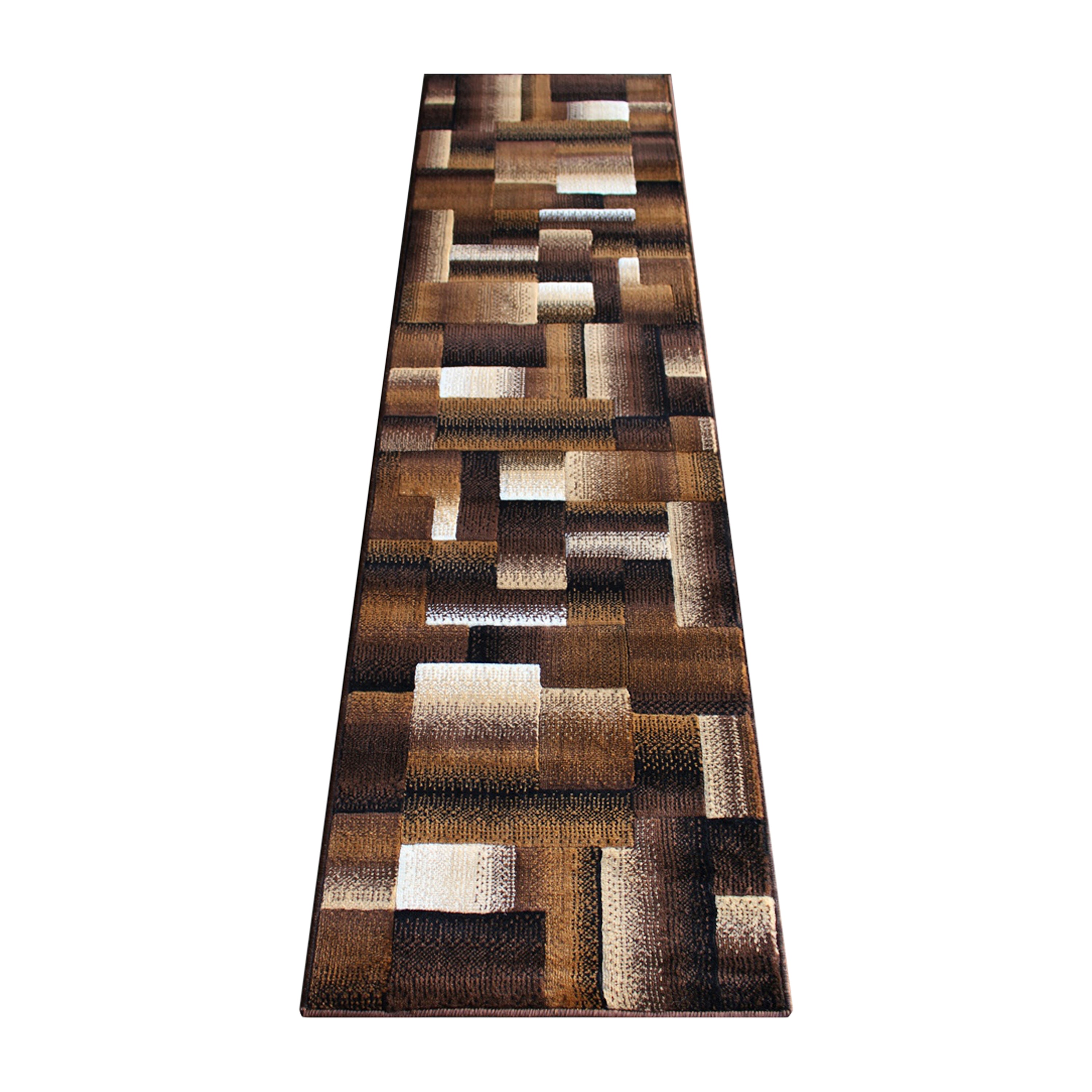 Elio Collection 2' x 7' Chocolate Color Blocked Area Rug - Olefin Rug with Jute Backing - Entryway, Living Room, or Bedroom