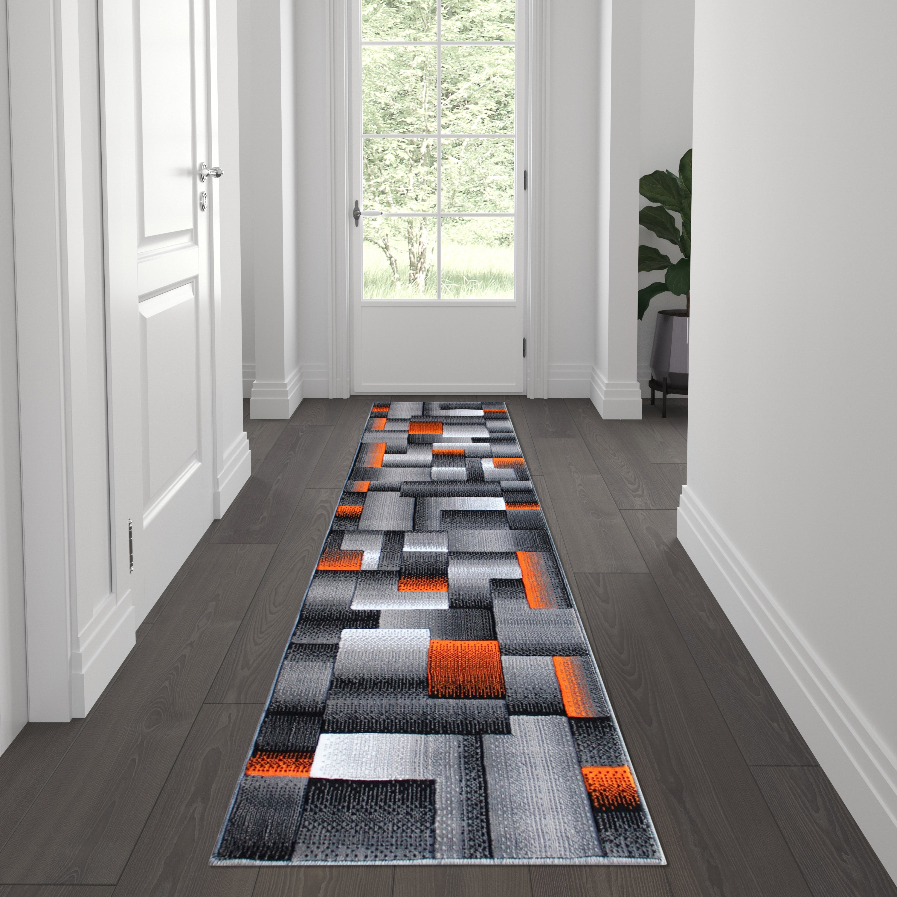 Elio Collection 2' x 7' Orange Color Blocked Area Rug - Olefin Rug with Jute Backing - Entryway, Living Room, or Bedroom