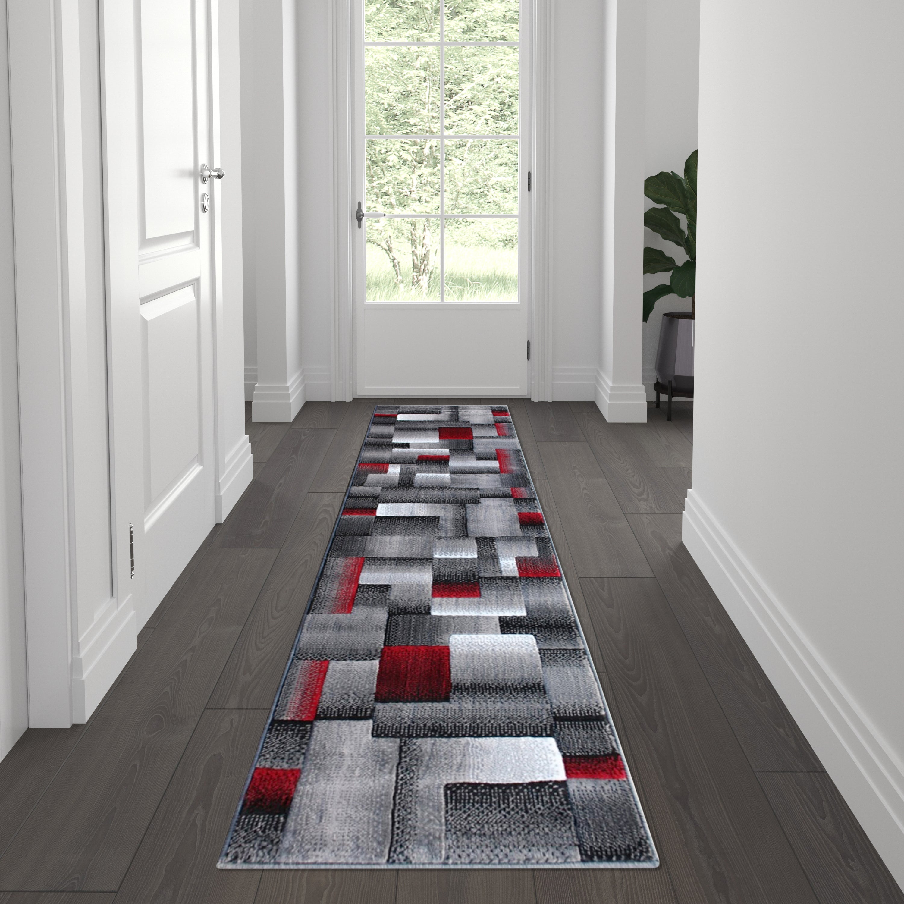 Elio Collection 2' x 7' Red Color Blocked Area Rug - Olefin Rug with Jute Backing - Entryway, Living Room, or Bedroom