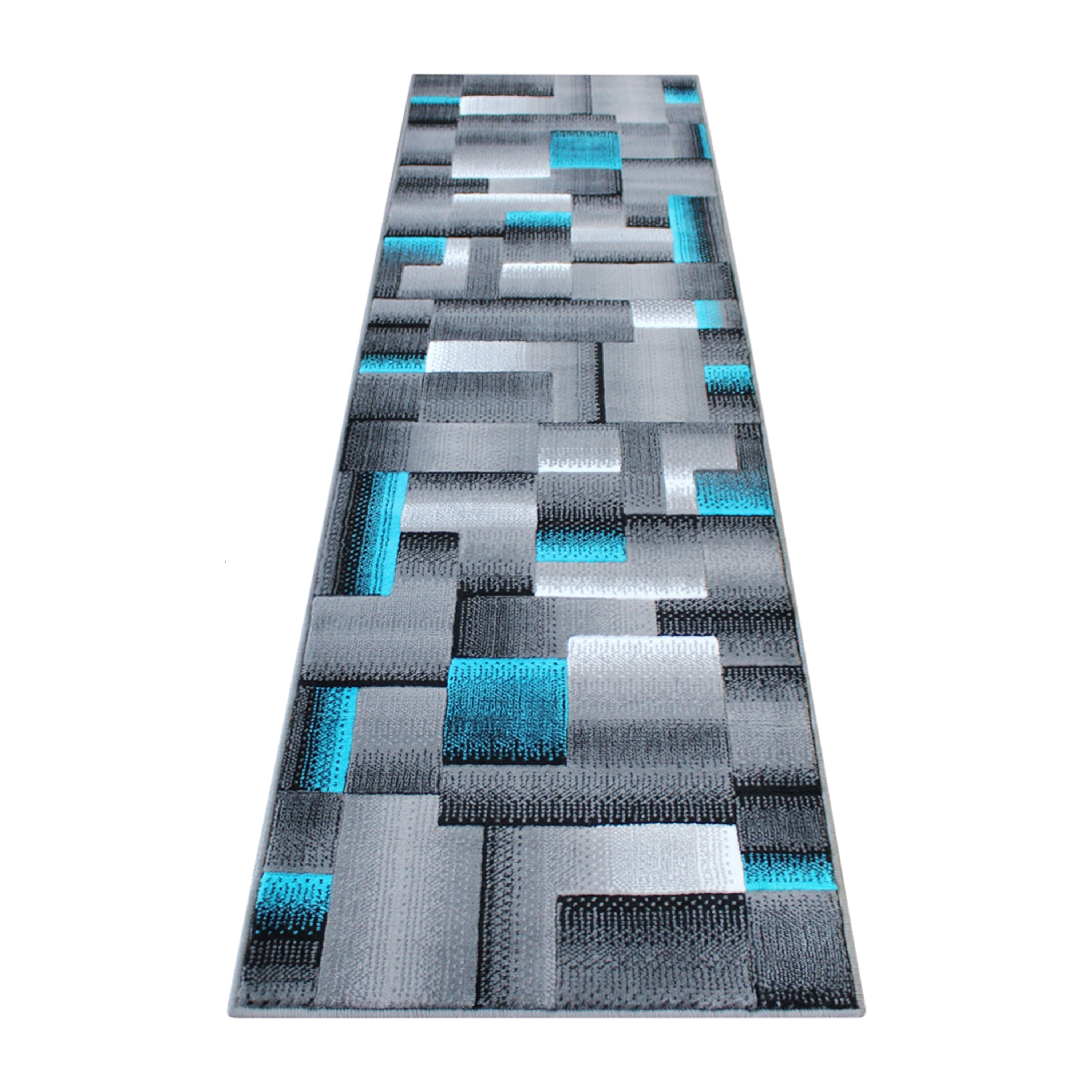 Elio Collection 2' x 7' Turquoise Color Blocked Area Rug - Olefin Rug with Jute Backing - Entryway, Living Room, or Bedroom