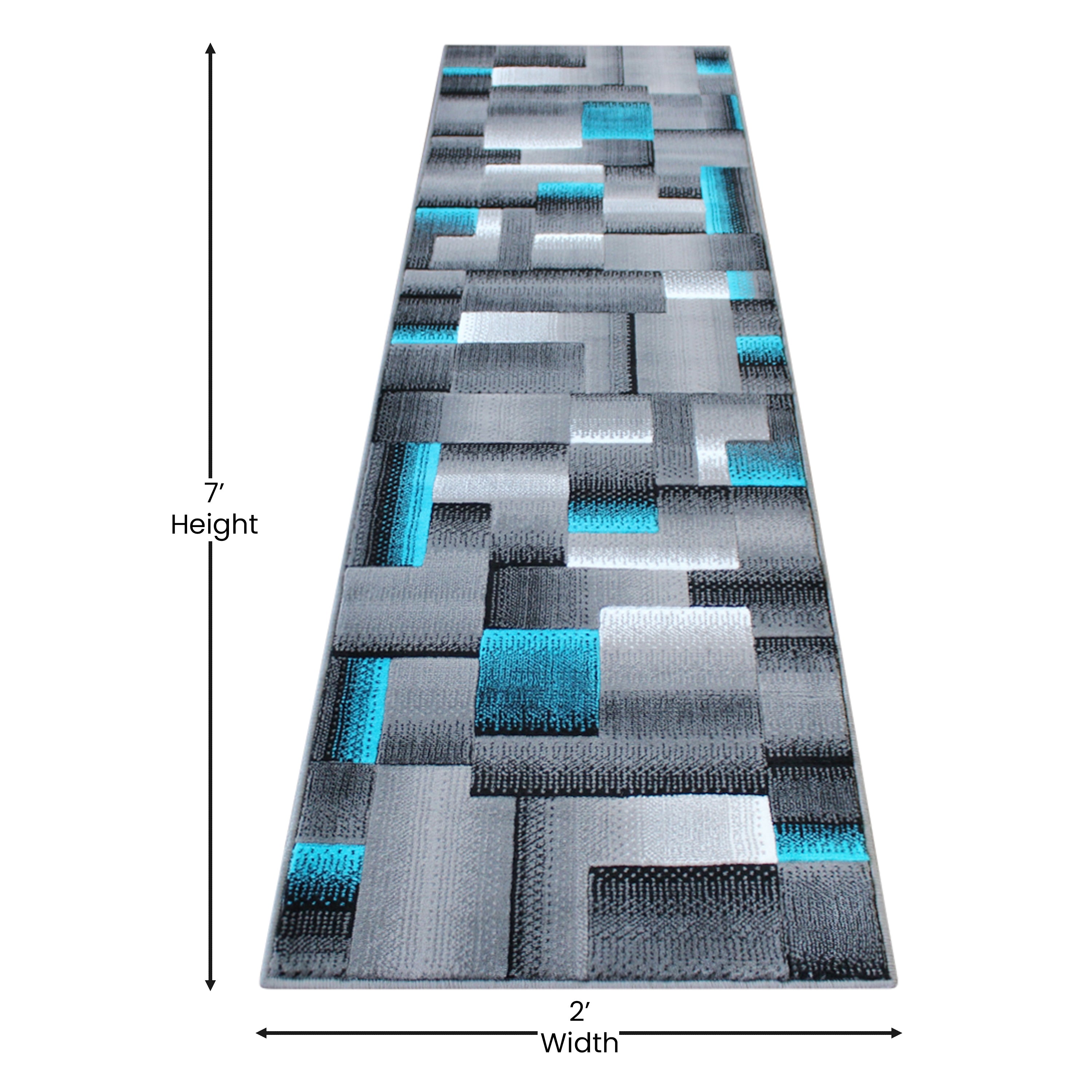Elio Collection 2' x 7' Turquoise Color Blocked Area Rug - Olefin Rug with Jute Backing - Entryway, Living Room, or Bedroom