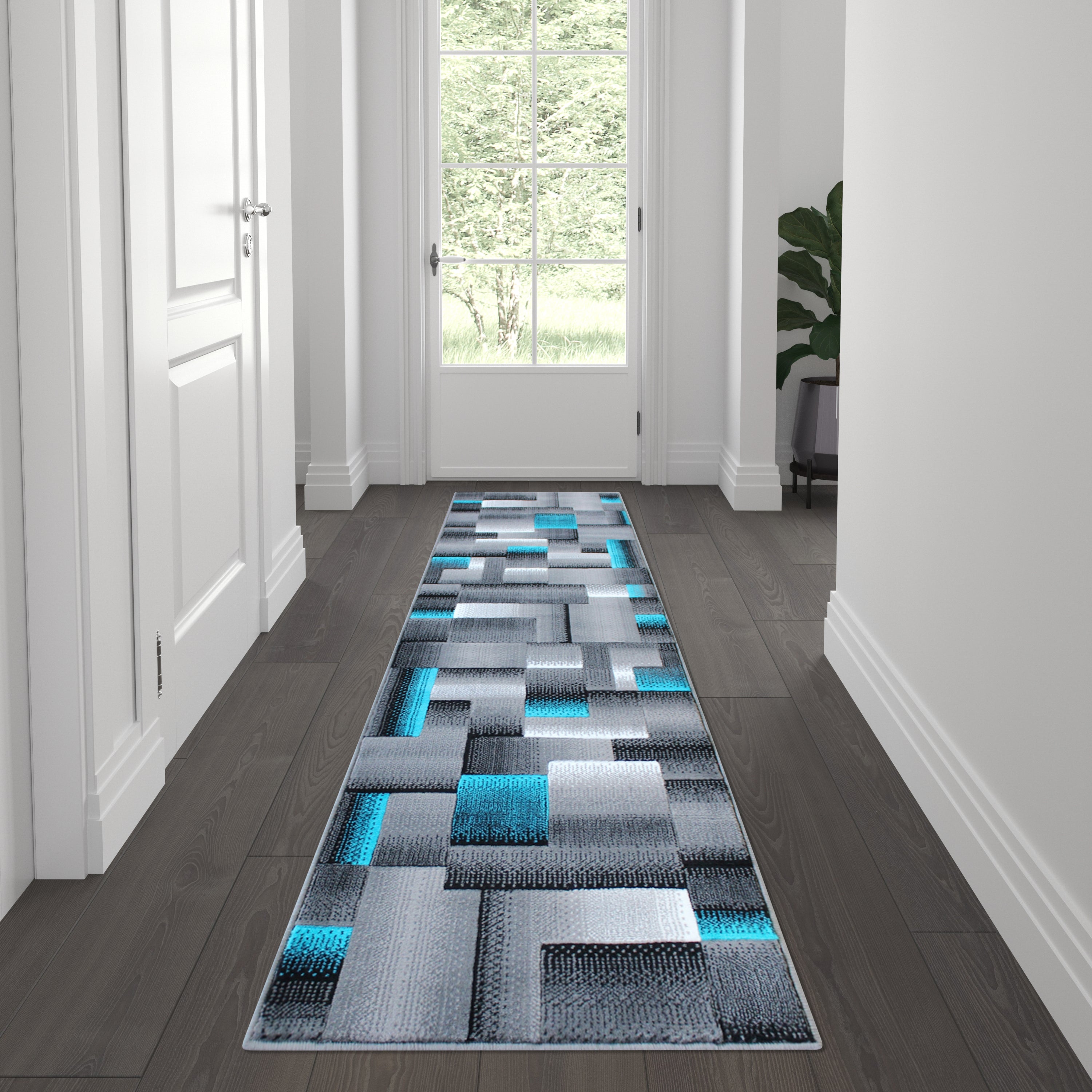 Elio Collection 2' x 7' Turquoise Color Blocked Area Rug - Olefin Rug with Jute Backing - Entryway, Living Room, or Bedroom