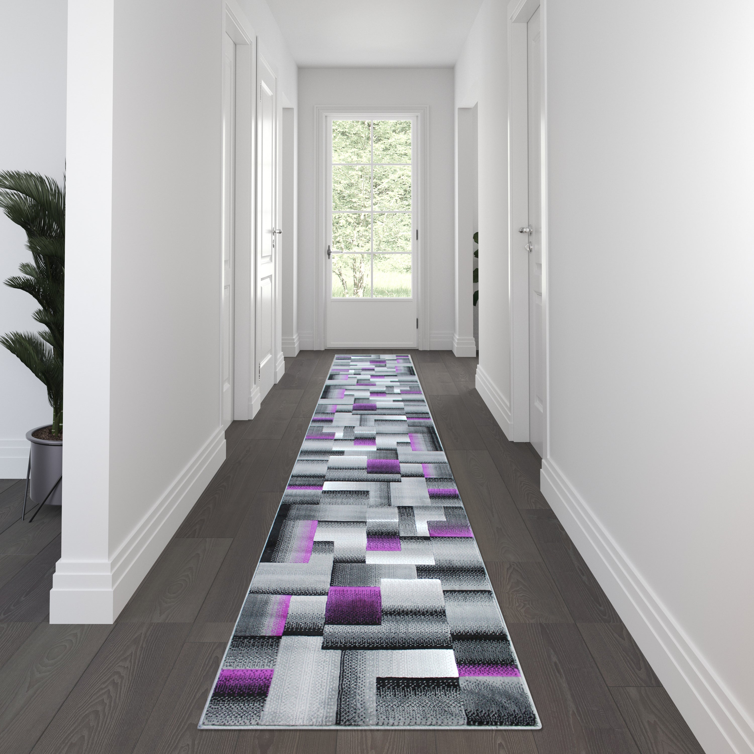 Elio Collection 3' x 16' Purple Color Blocked Area Rug - Olefin Rug with Jute Backing - Entryway, Living Room, or Bedroom
