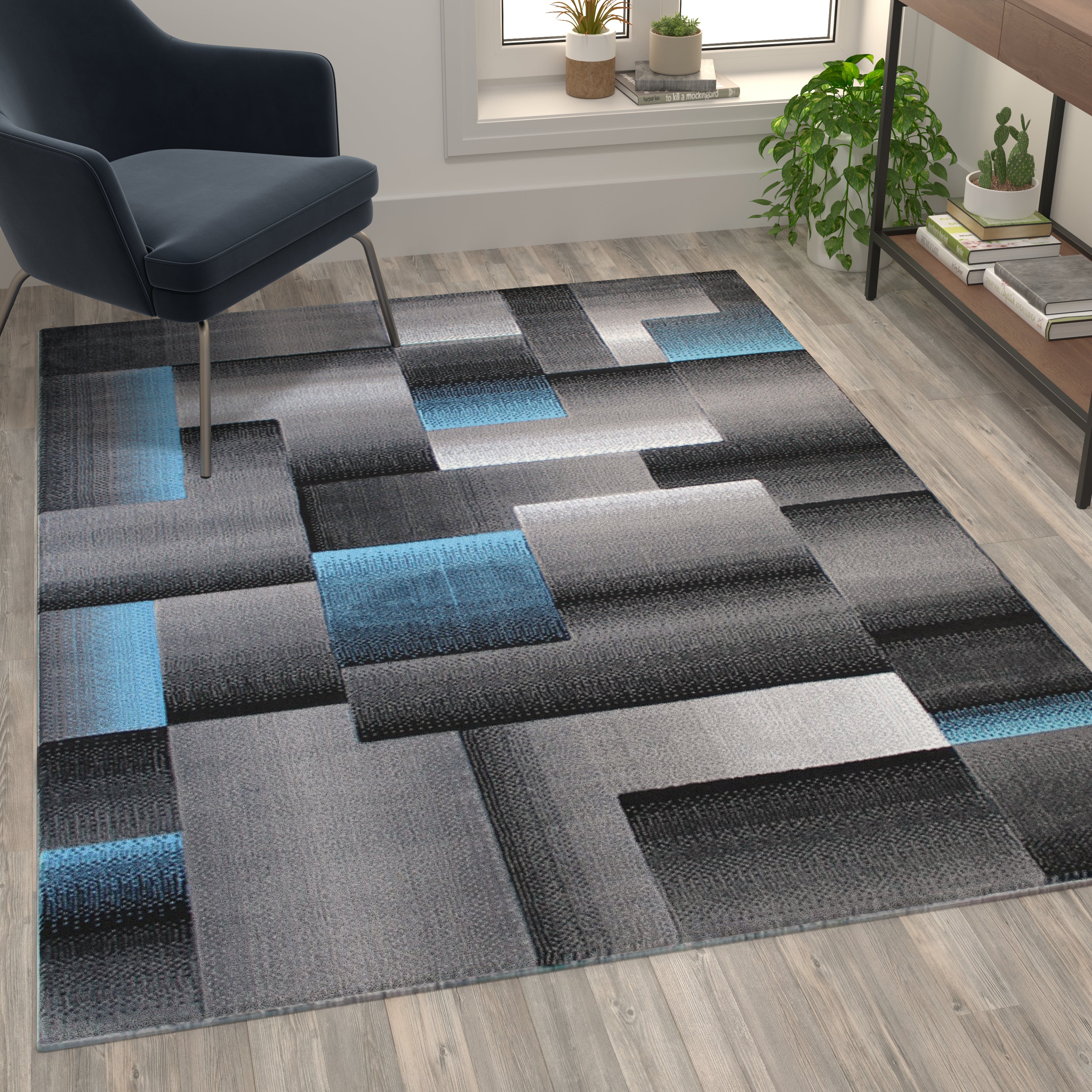 Elio Collection 5' x 7' Blue Color Blocked Area Rug - Olefin Rug with Jute Backing - Entryway, Living Room, or Bedroom