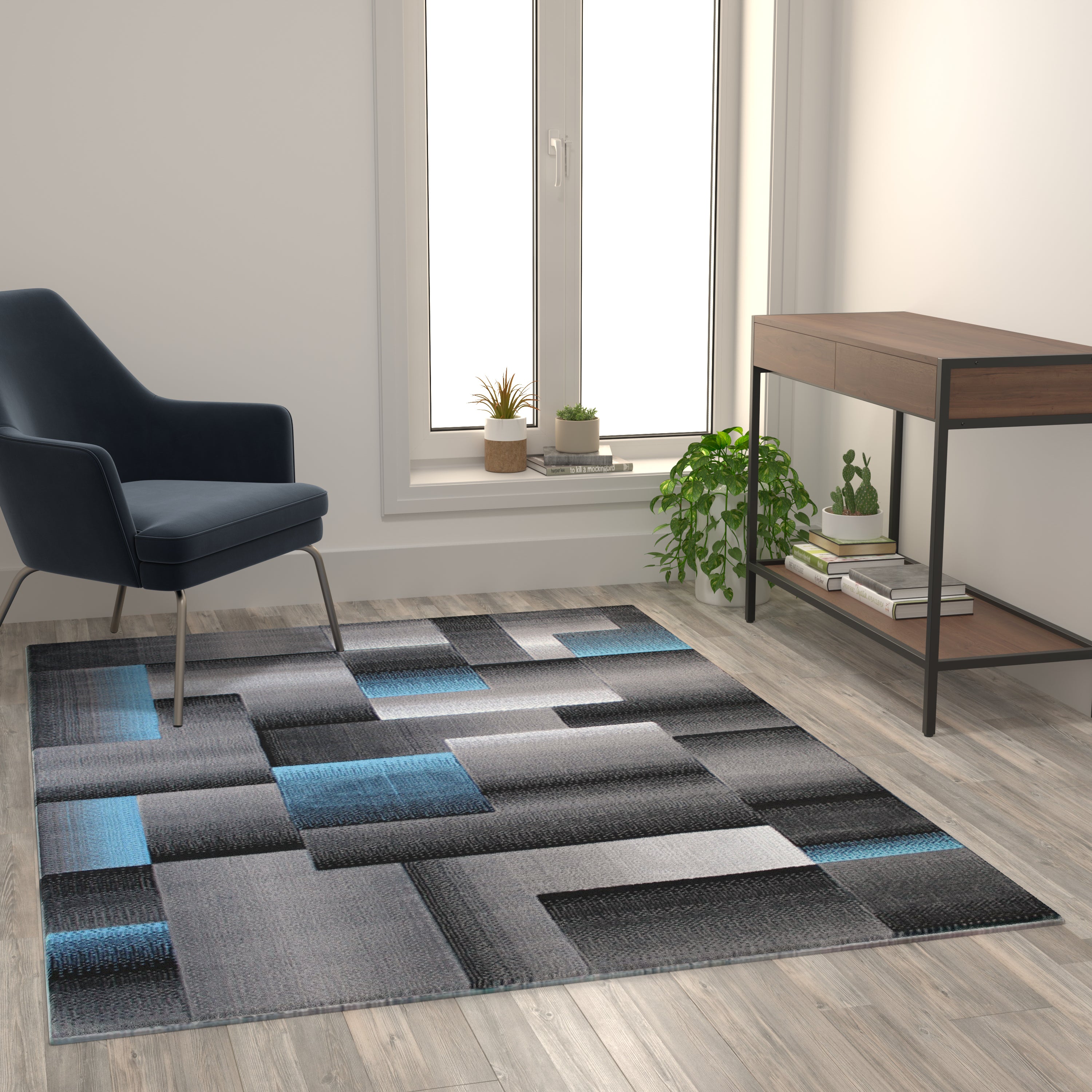 Elio Collection 5' x 7' Blue Color Blocked Area Rug - Olefin Rug with Jute Backing - Entryway, Living Room, or Bedroom