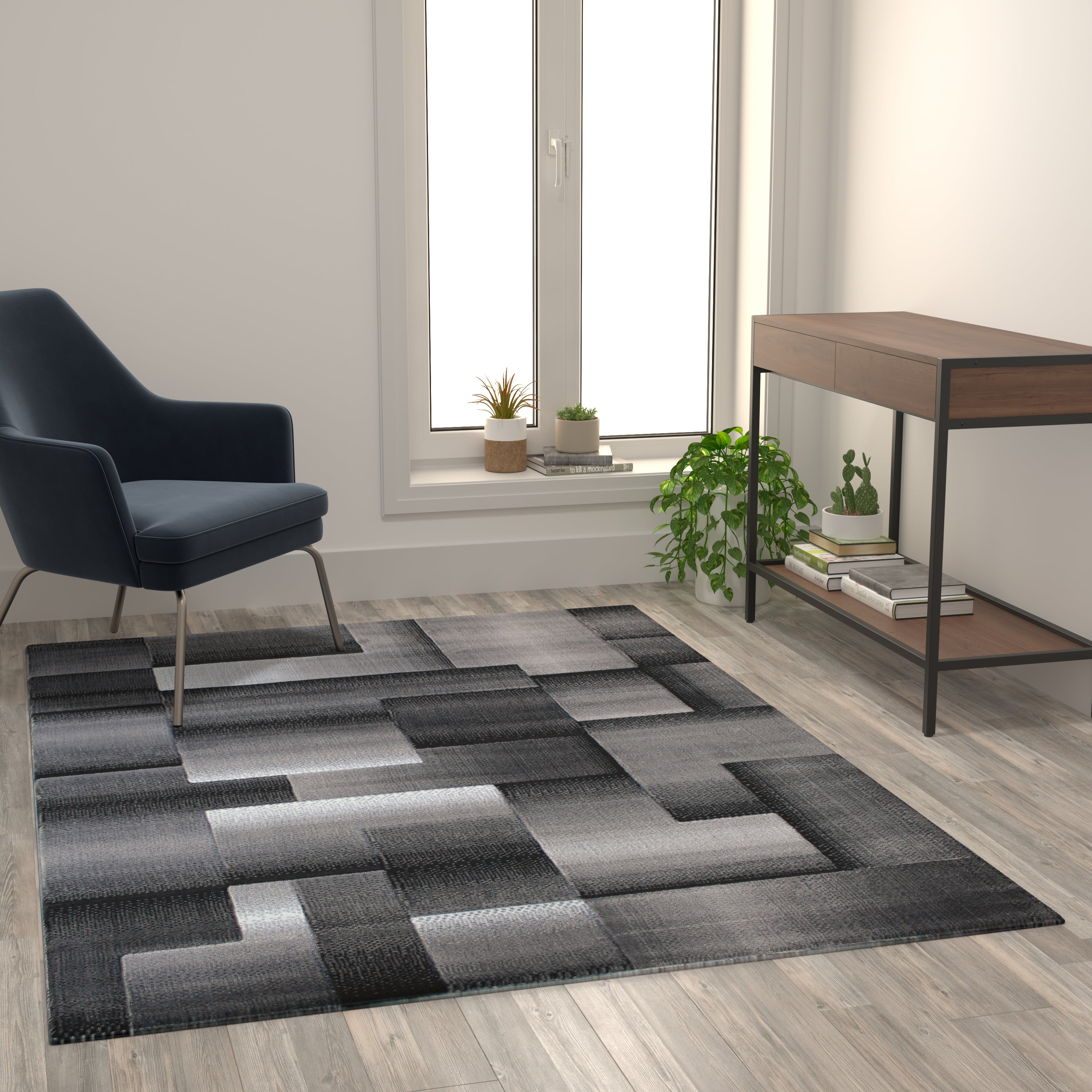 Elio Collection 5' x 7' Gray Color Blocked Area Rug - Olefin Rug with Jute Backing - Entryway, Living Room, or Bedroom