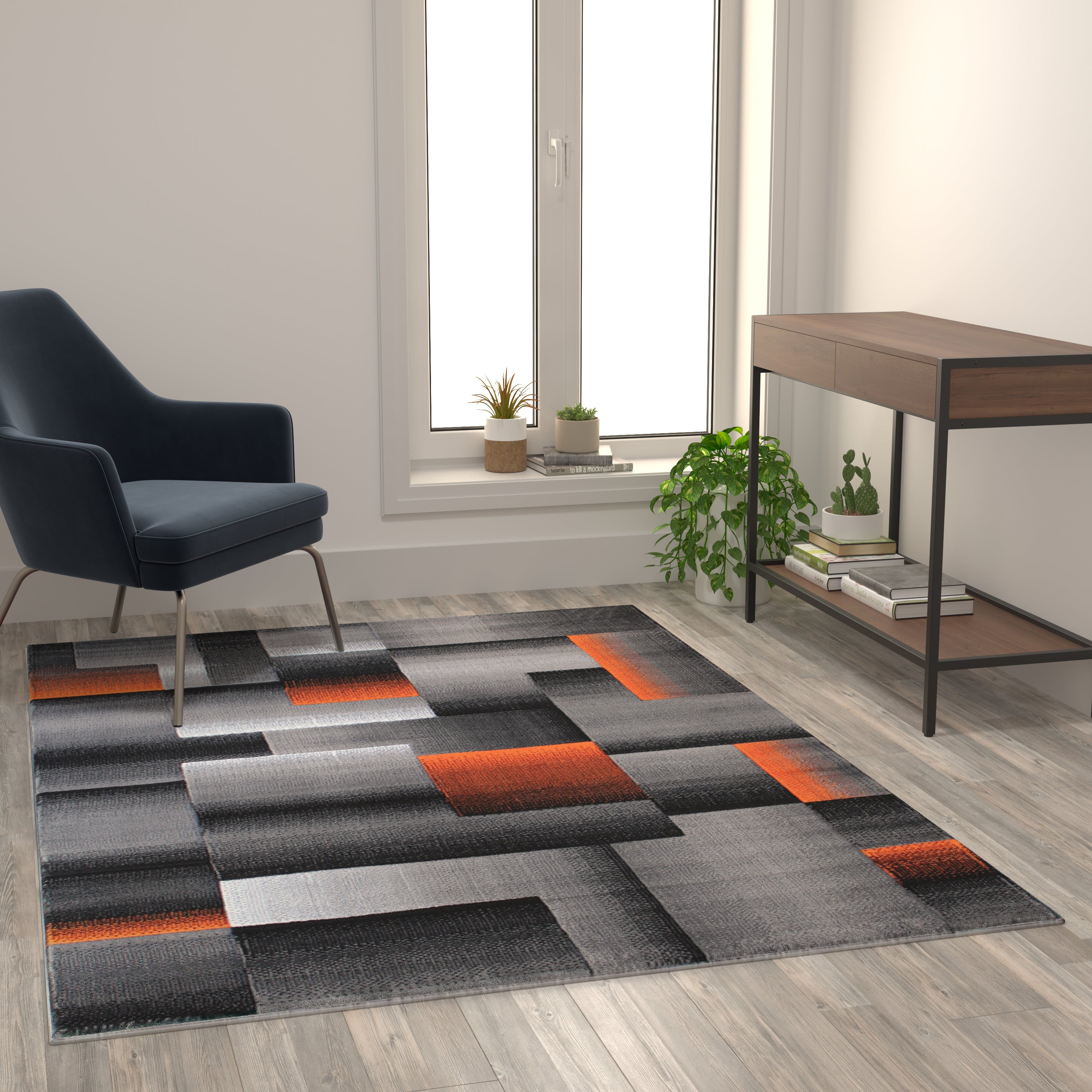 Elio Collection 5' x 7' Orange Color Blocked Area Rug - Olefin Rug with Jute Backing - Entryway, Living Room, or Bedroom