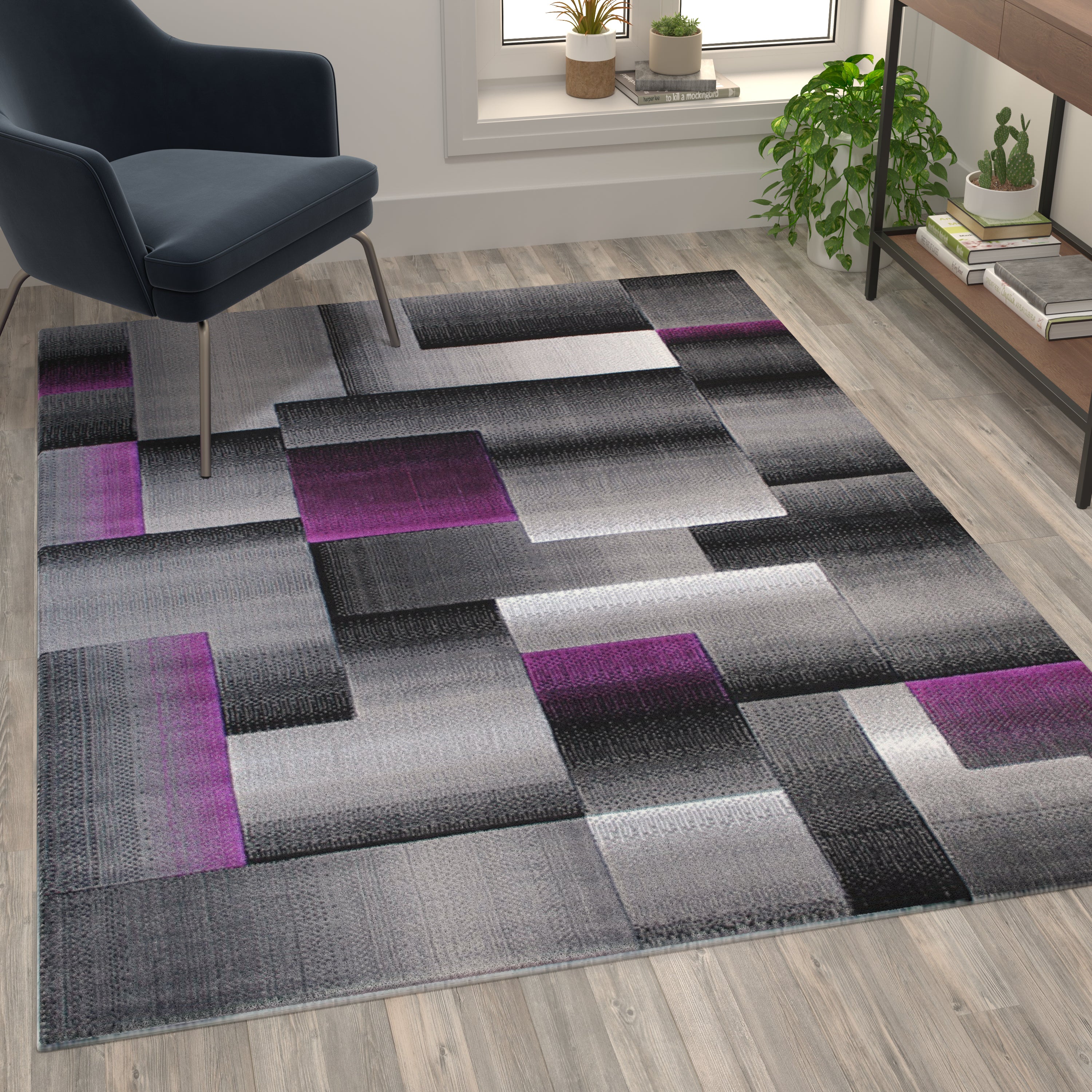 Elio Collection 5' x 7' Purple Color Blocked Area Rug - Olefin Rug with Jute Backing - Entryway, Living Room, or Bedroom