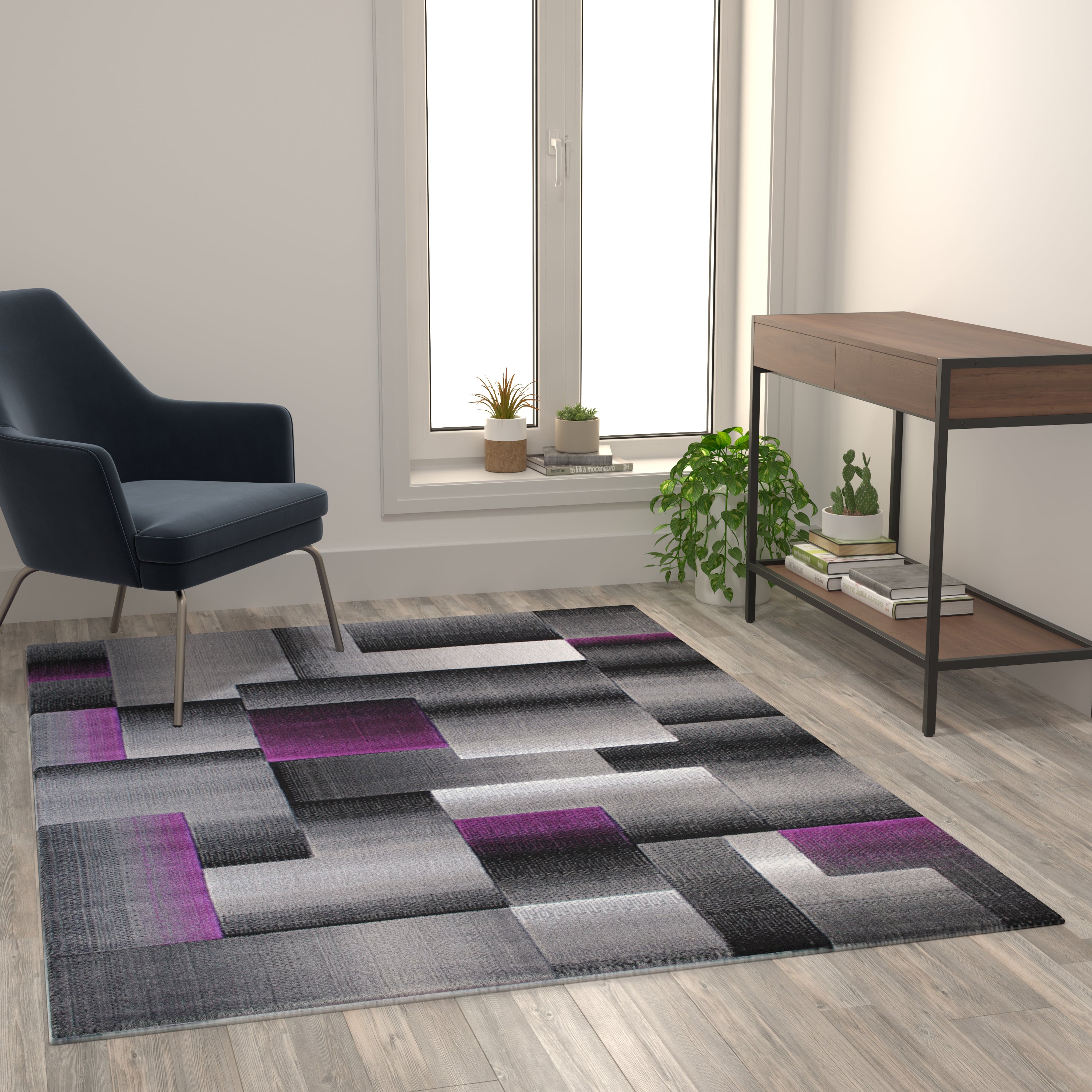 Elio Collection 5' x 7' Purple Color Blocked Area Rug - Olefin Rug with Jute Backing - Entryway, Living Room, or Bedroom