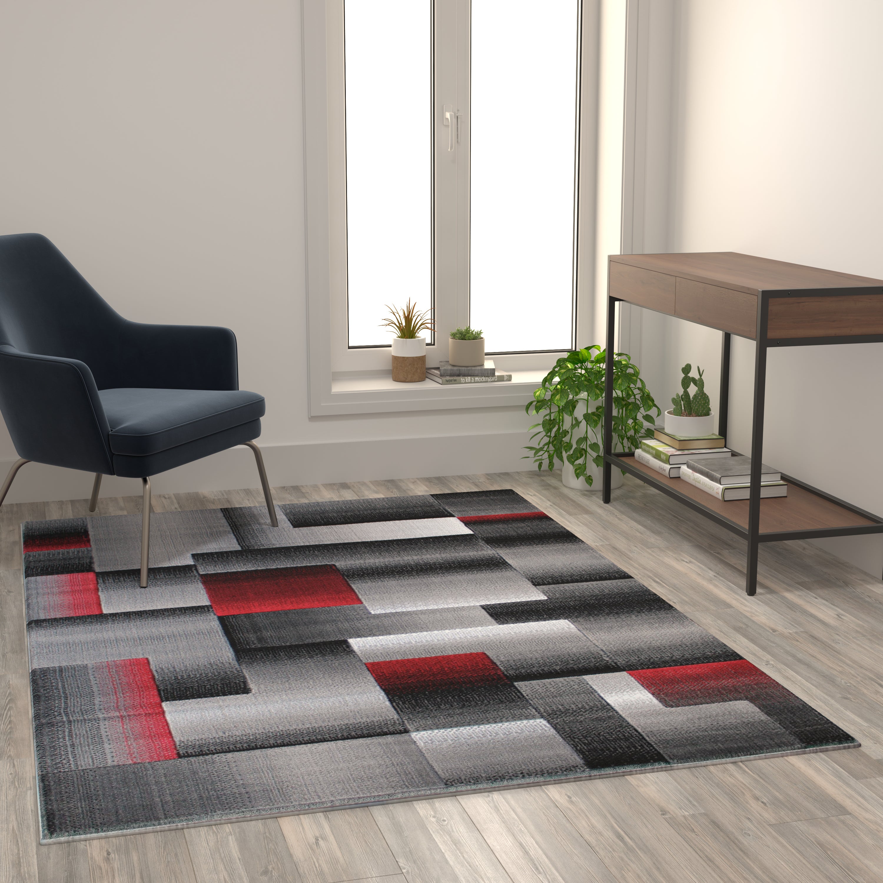 Elio Collection 5' x 7' Red Color Blocked Area Rug - Olefin Rug with Jute Backing - Entryway, Living Room, or Bedroom