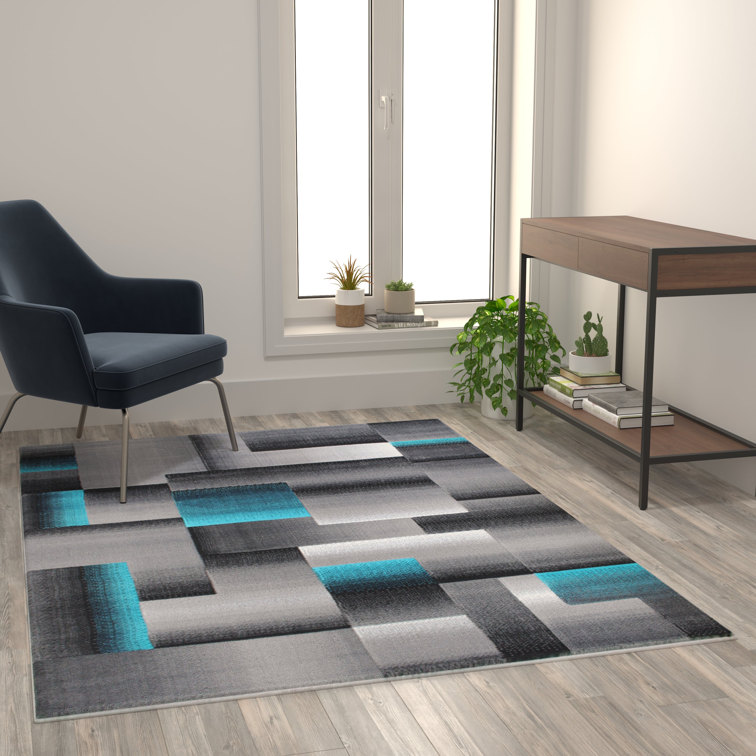 Elio Collection 5' x 7' Turquoise Color Blocked Area Rug - Olefin Rug with Jute Backing - Entryway, Living Room, or Bedroom