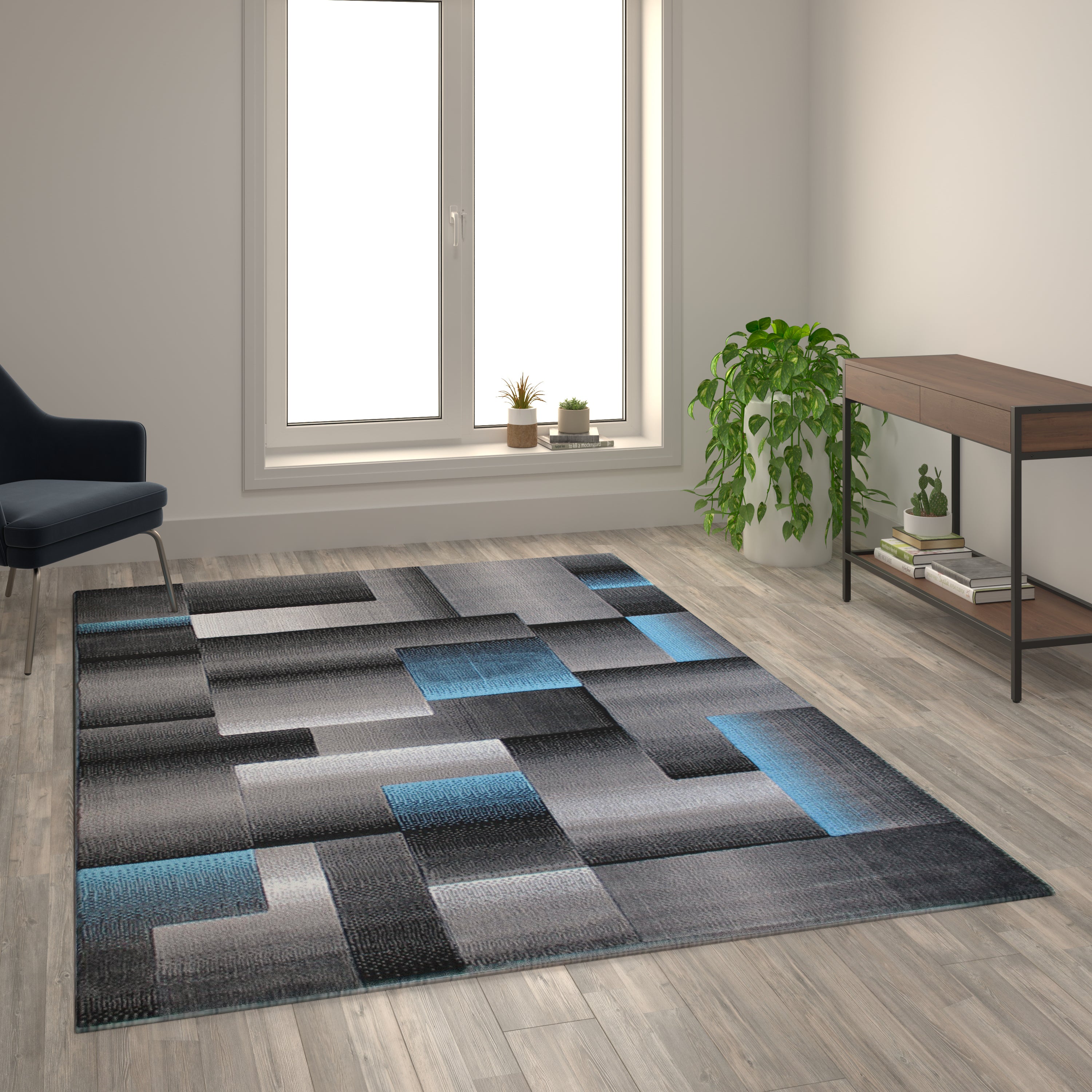 Elio Collection 6' x 9' Blue Color Blocked Area Rug - Olefin Rug with Jute Backing - Entryway, Living Room, or Bedroom