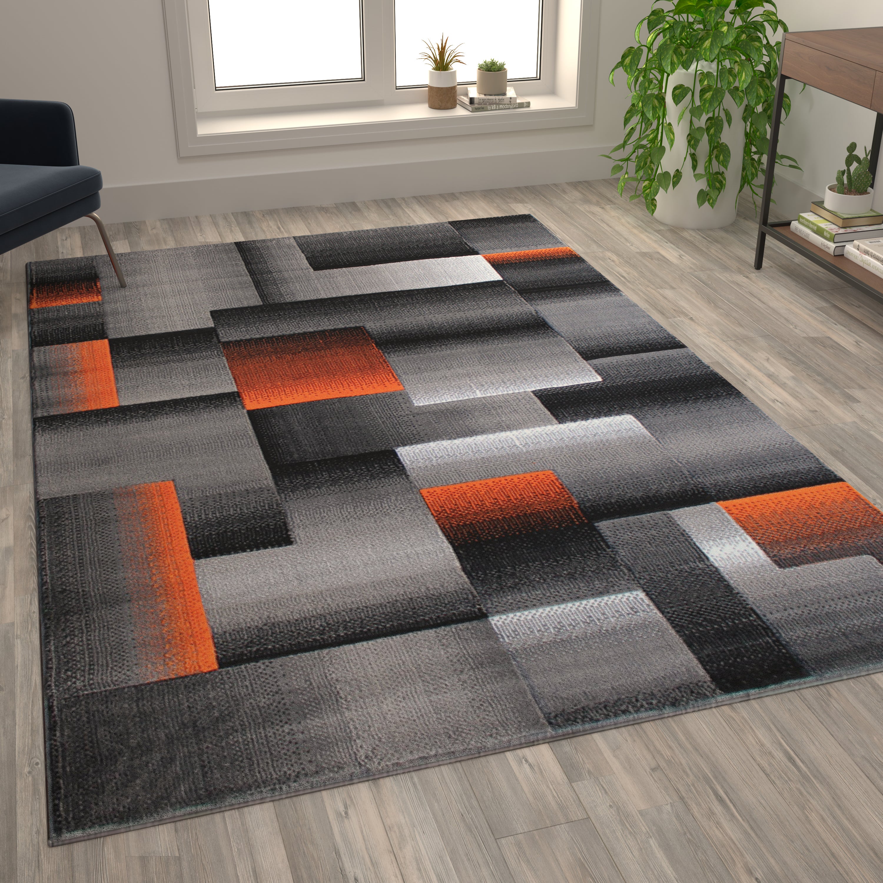 Elio Collection 6' x 9' Orange Color Blocked Area Rug - Olefin Rug with Jute Backing - Entryway, Living Room, or Bedroom