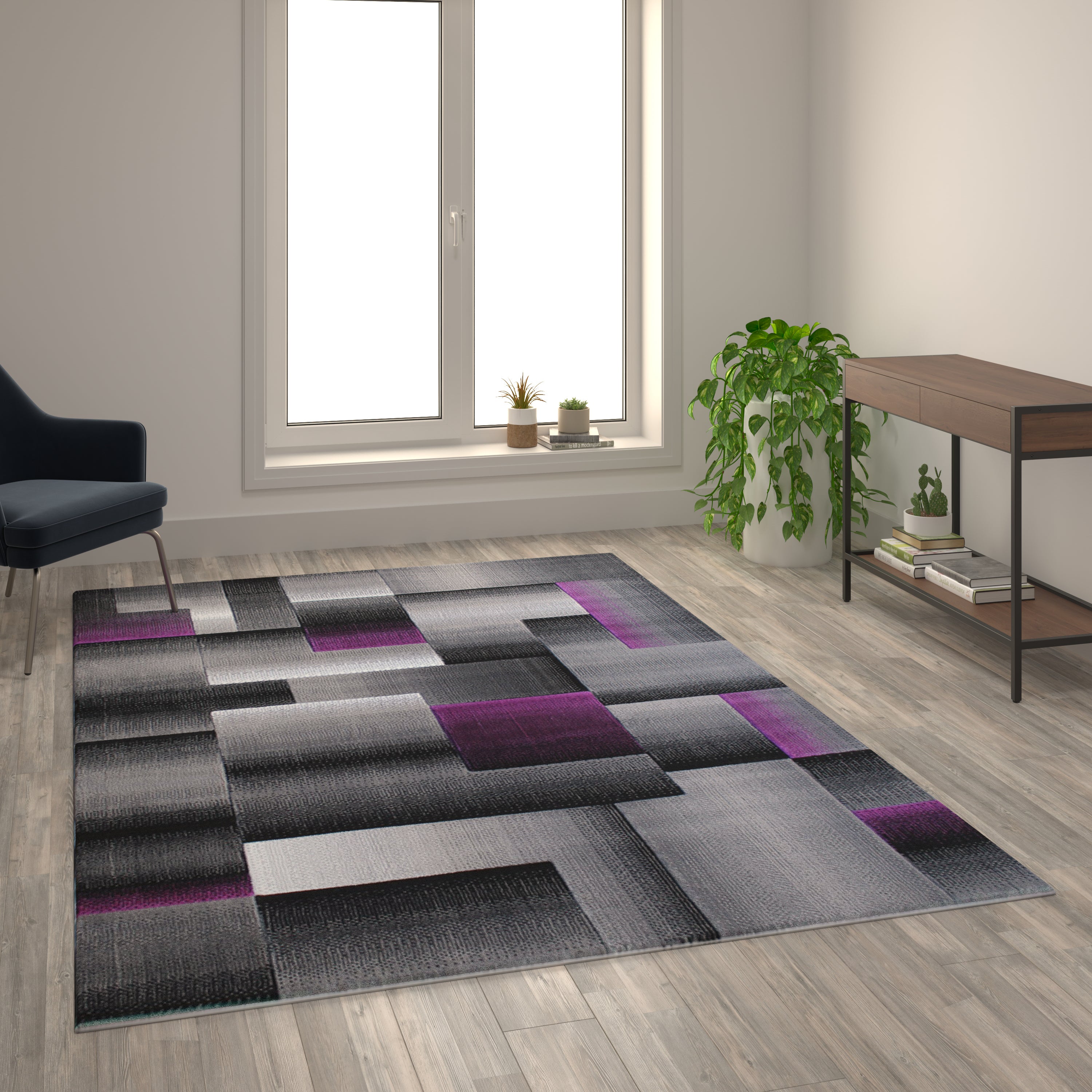 Elio Collection 6' x 9' Purple Color Blocked Area Rug - Olefin Rug with Jute Backing - Entryway, Living Room, or Bedroom