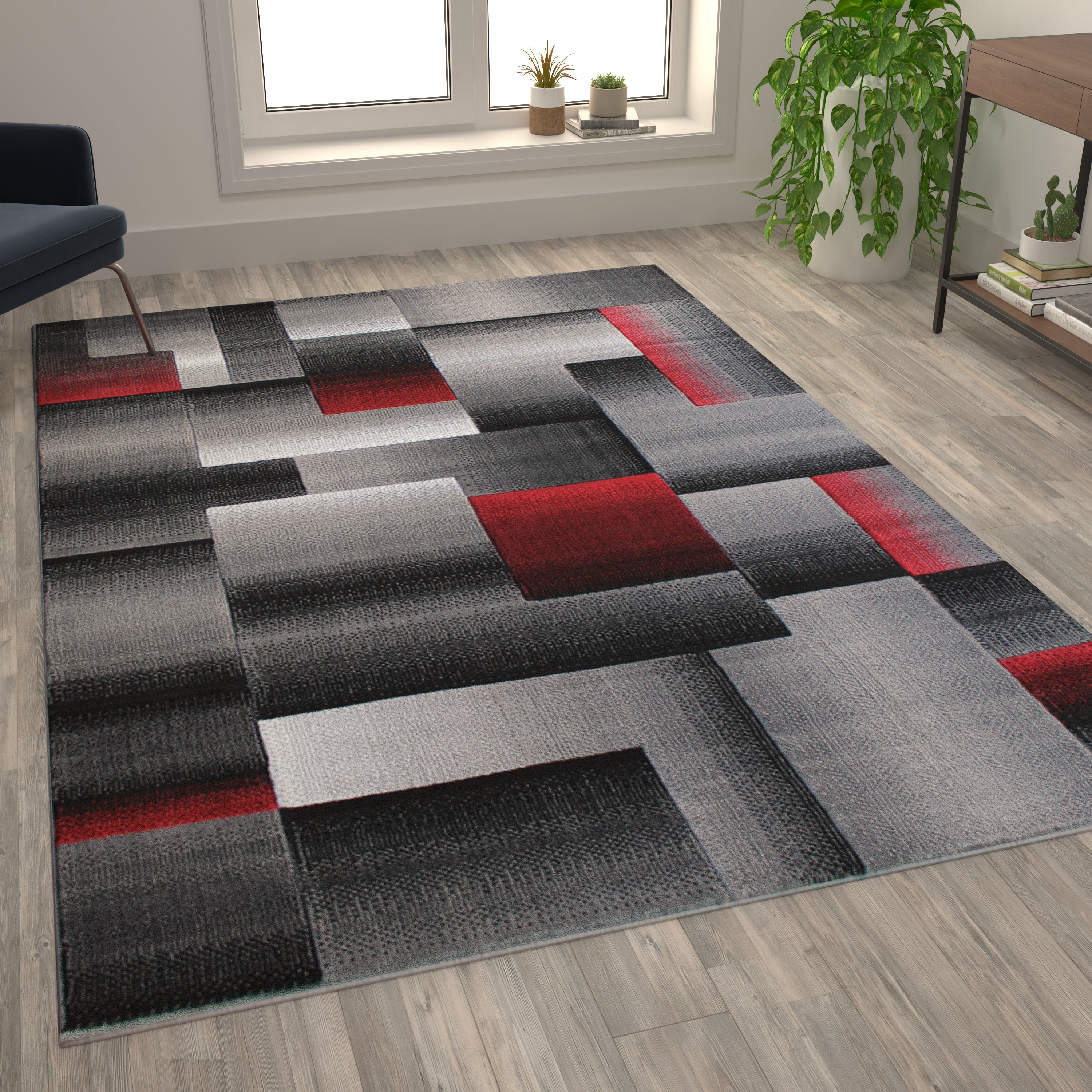 Elio Collection 6' x 9' Red Color Blocked Area Rug - Olefin Rug with Jute Backing - Entryway, Living Room, or Bedroom