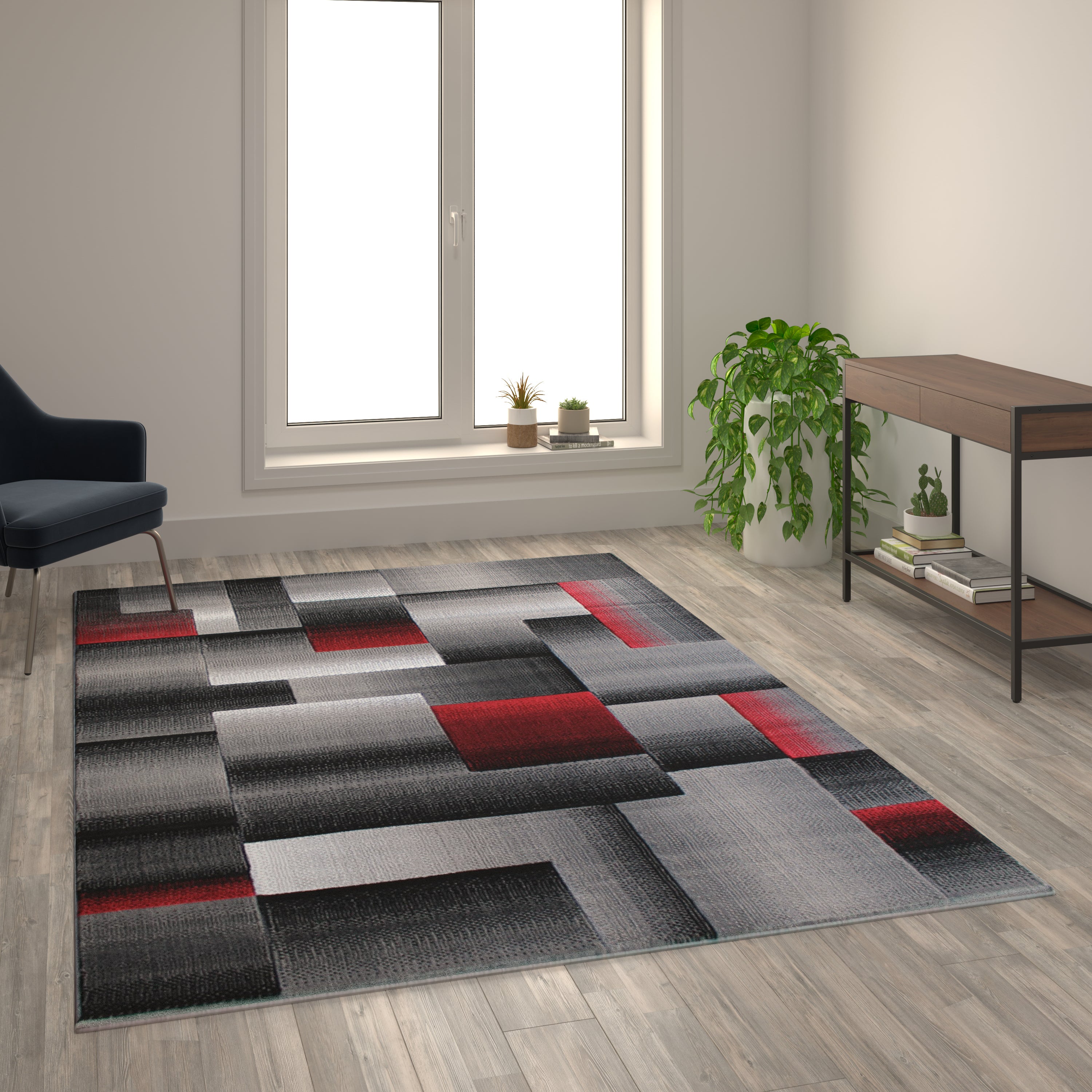 Elio Collection 6' x 9' Red Color Blocked Area Rug - Olefin Rug with Jute Backing - Entryway, Living Room, or Bedroom