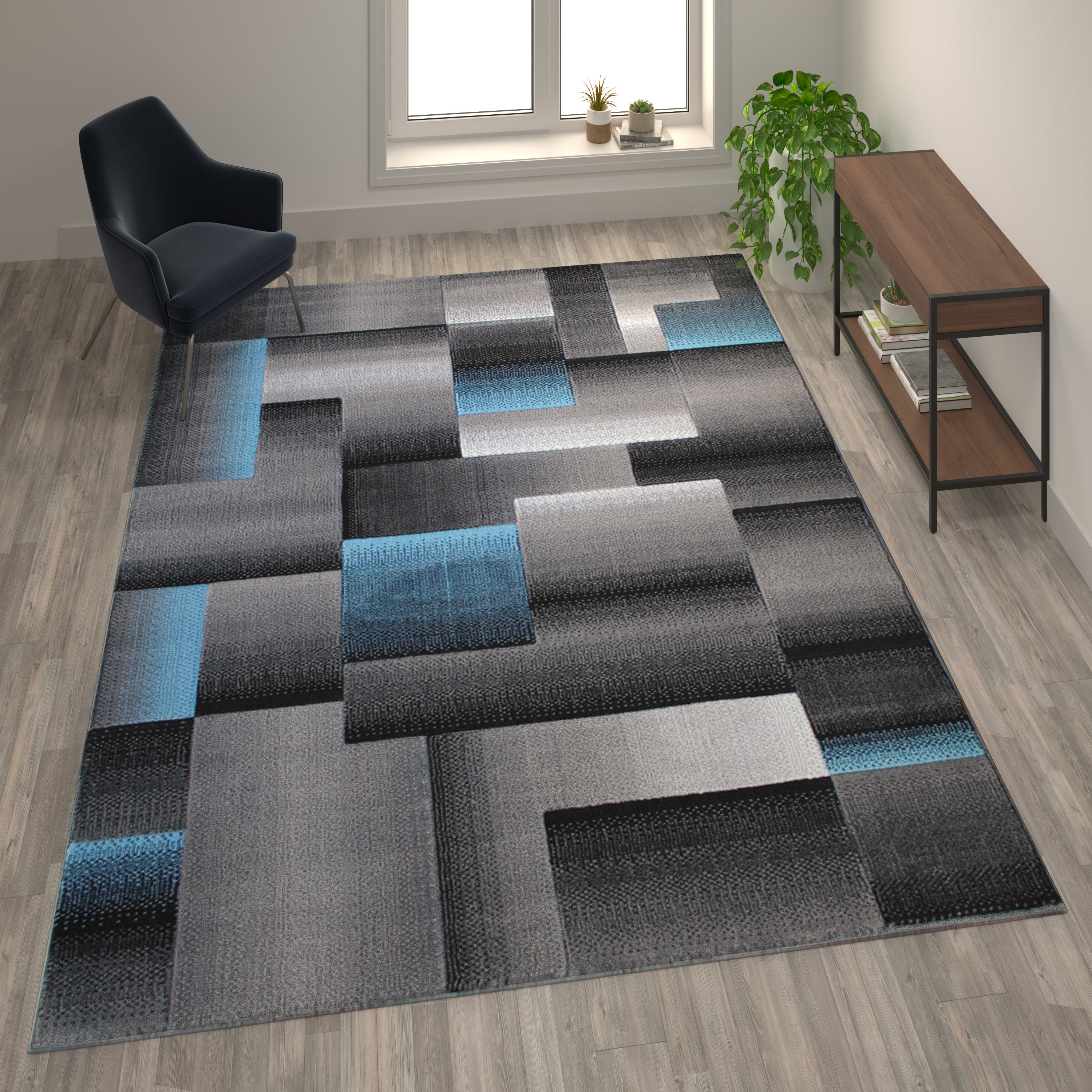 Elio Collection 8' x 10' Blue Color Blocked Area Rug - Olefin Rug with Jute Backing - Entryway, Living Room, or Bedroom