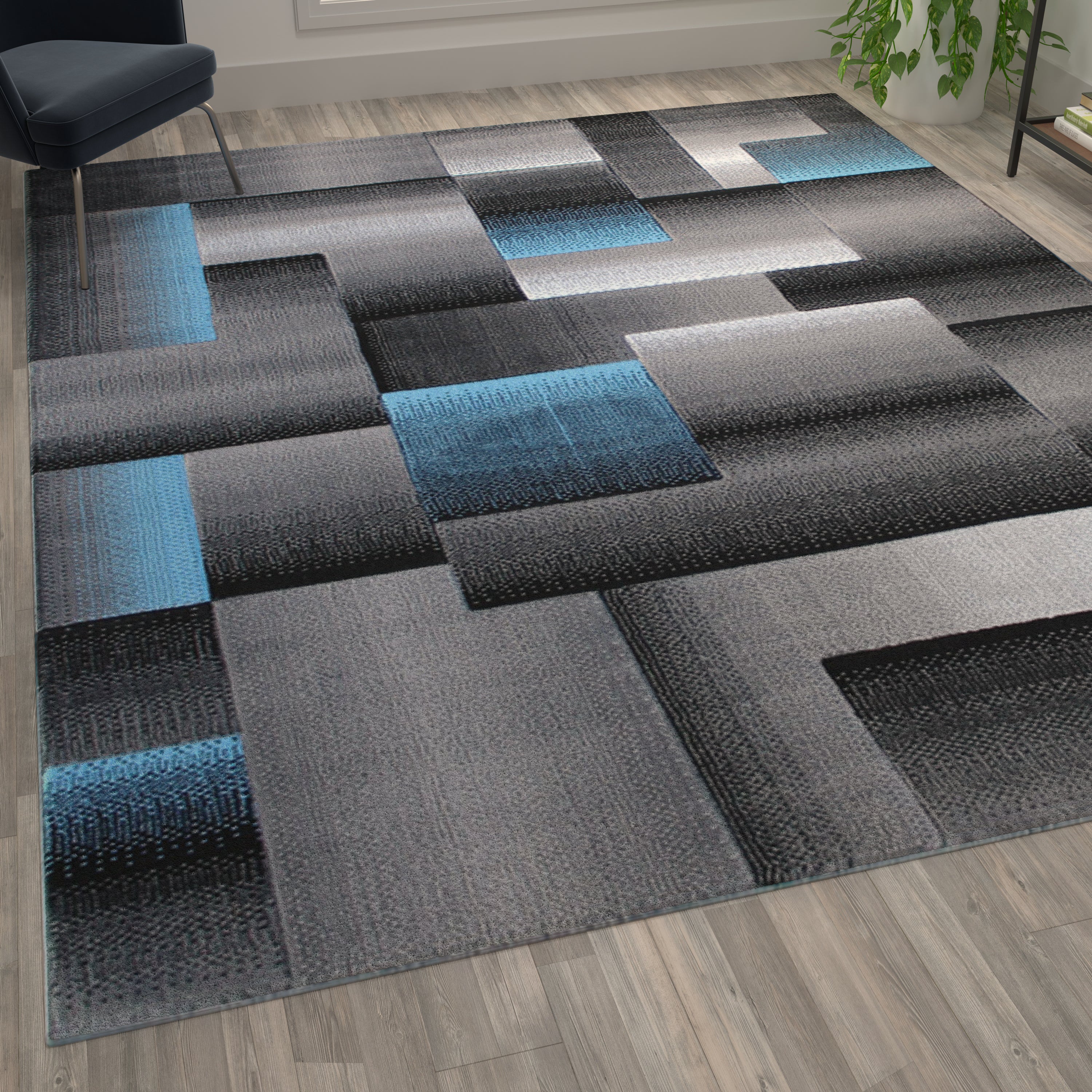 Elio Collection 8' x 10' Blue Color Blocked Area Rug - Olefin Rug with Jute Backing - Entryway, Living Room, or Bedroom