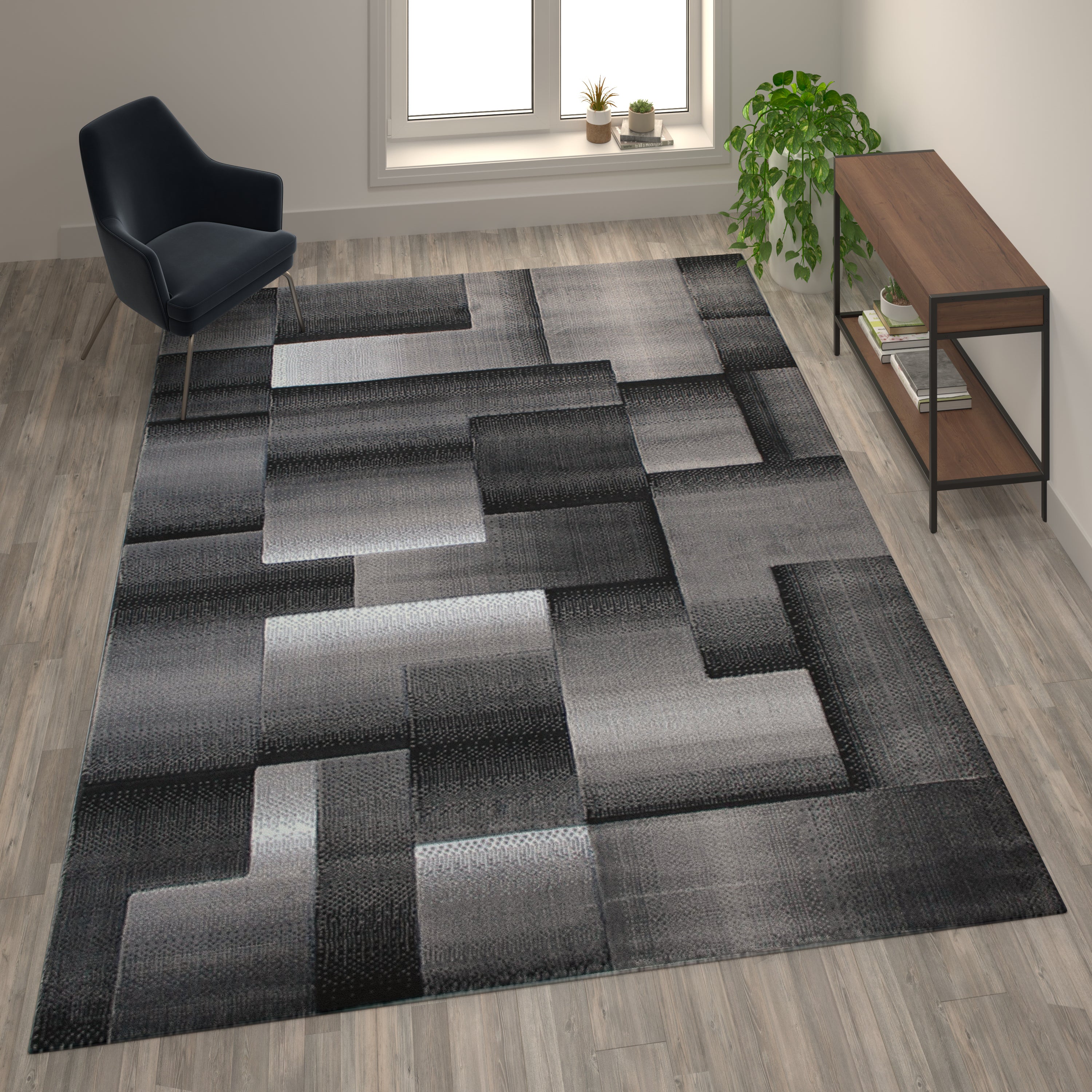 Elio Collection 8' x 10' Gray Color Blocked Area Rug - Olefin Rug with Jute Backing - Entryway, Living Room, or Bedroom