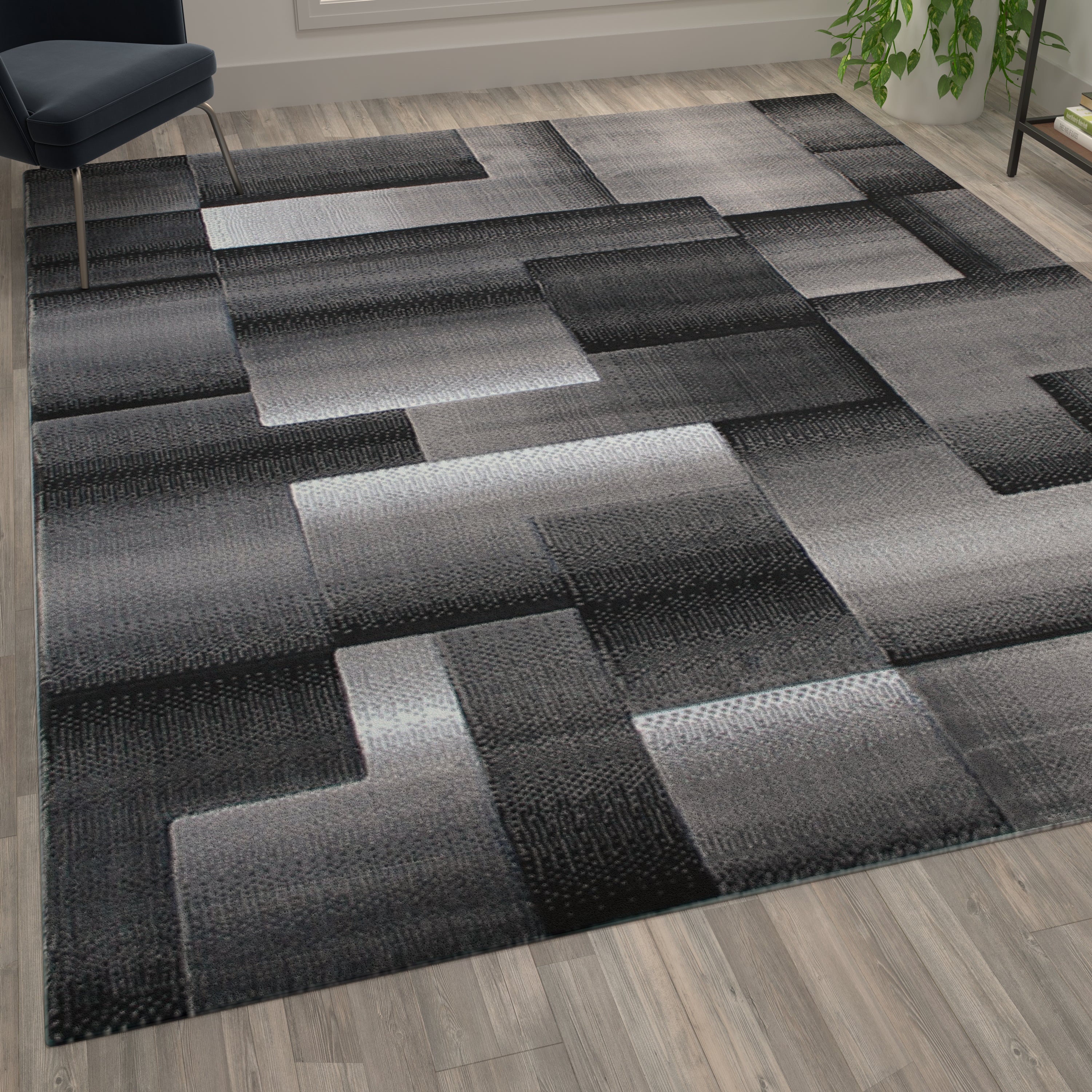 Elio Collection 8' x 10' Gray Color Blocked Area Rug - Olefin Rug with Jute Backing - Entryway, Living Room, or Bedroom