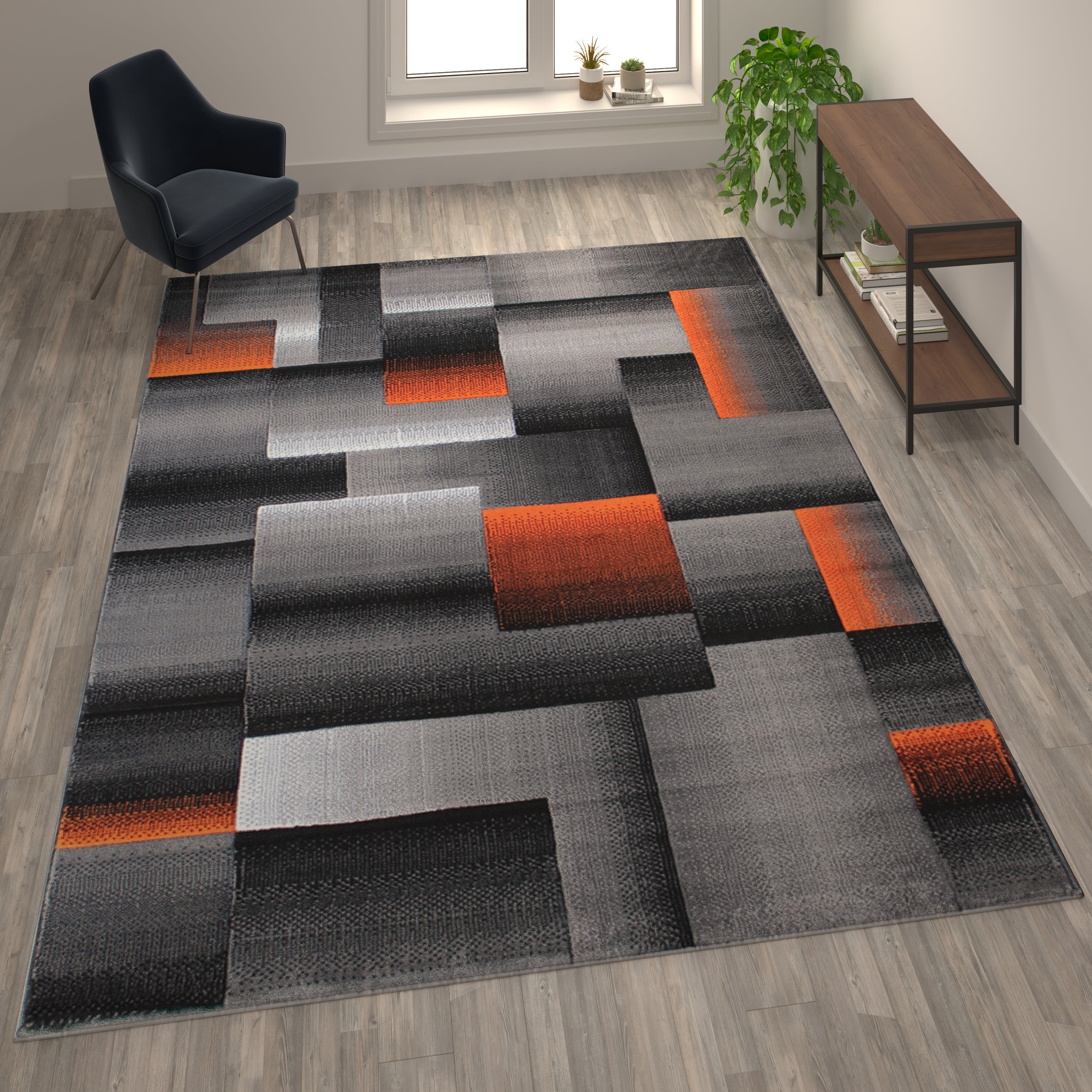 Elio Collection 8' x 10' Orange Color Blocked Area Rug - Olefin Rug with Jute Backing - Entryway, Living Room, or Bedroom