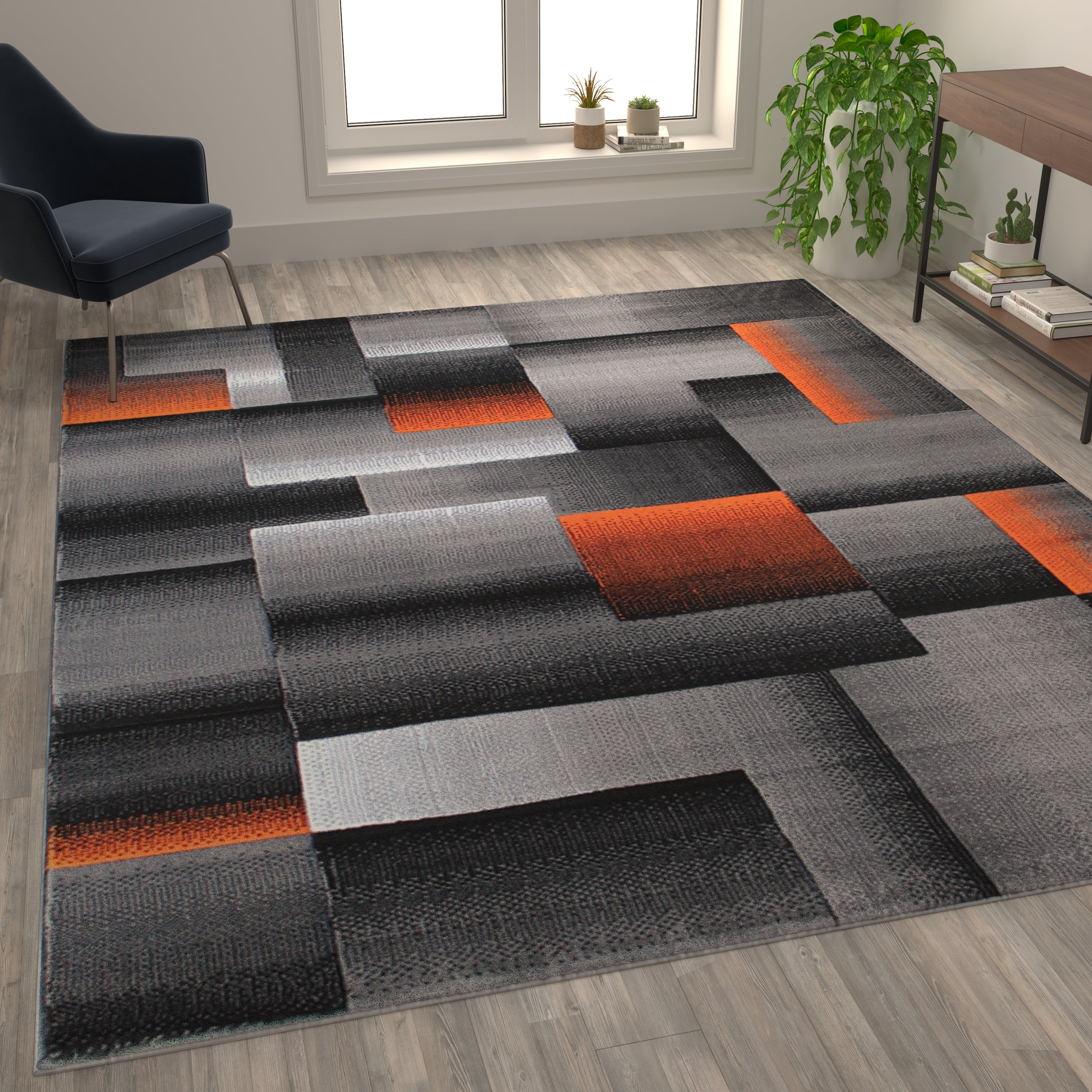Elio Collection 8' x 10' Orange Color Blocked Area Rug - Olefin Rug with Jute Backing - Entryway, Living Room, or Bedroom